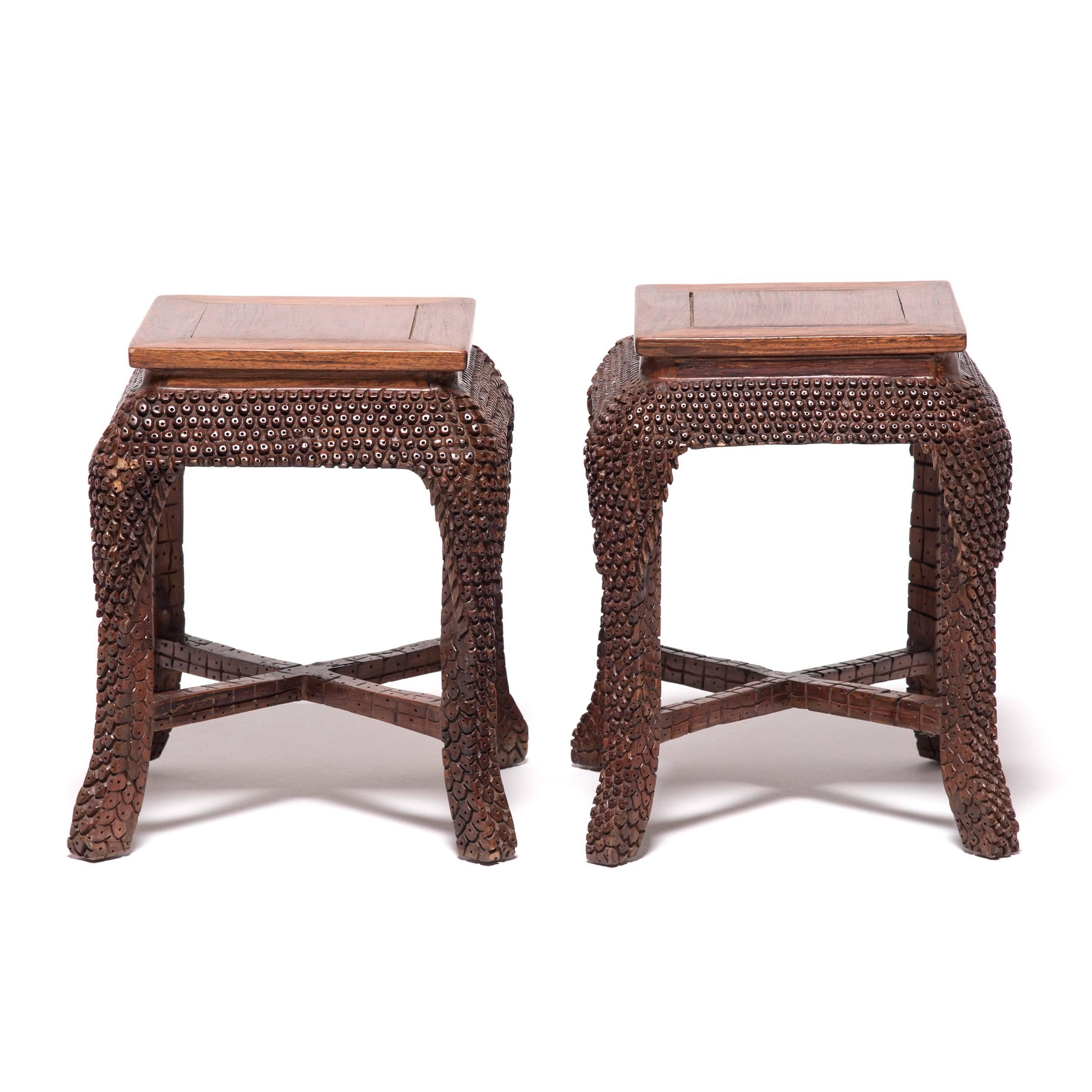 Hardwood Chinese Dragon Scale Table Set with Square Stools, c. 1900 For Sale