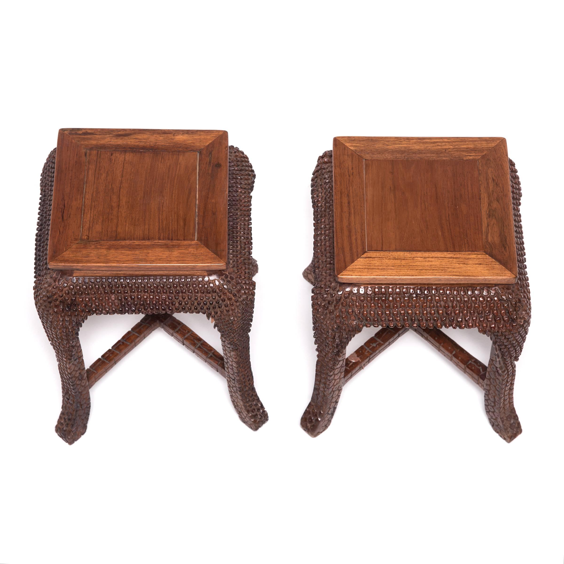 Chinese Dragon Scale Table Set with Square Stools, c. 1900 For Sale 2