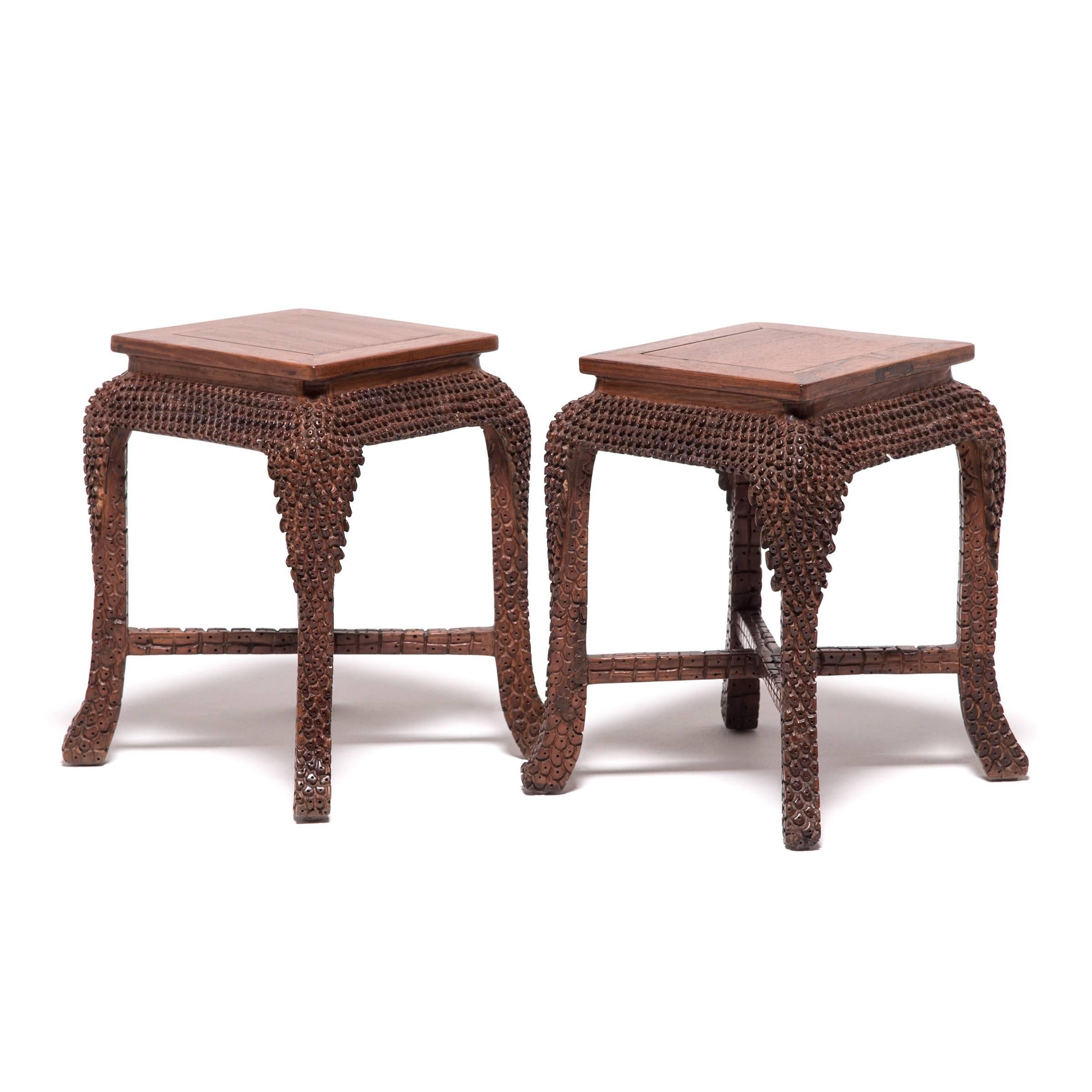 Chinese Dragon Scale Table Set with Square Stools, c. 1900 For Sale 1