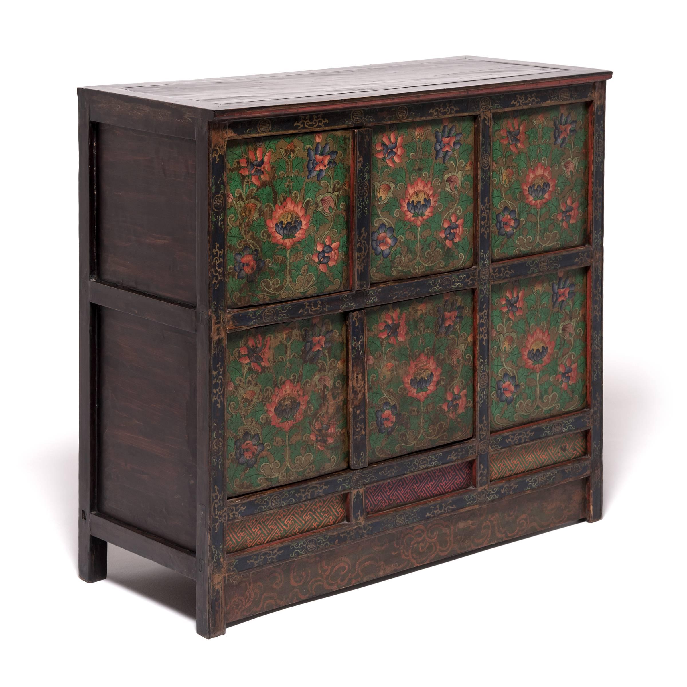 Tibetan Painted Lotus Cabinet In Good Condition In Chicago, IL