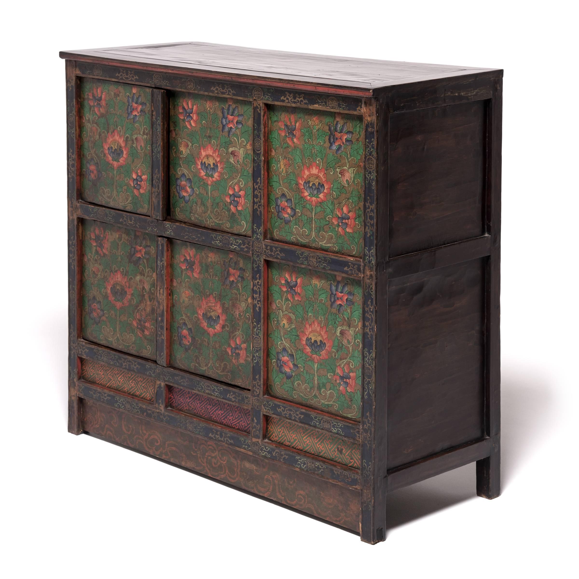 19th Century Tibetan Painted Lotus Cabinet