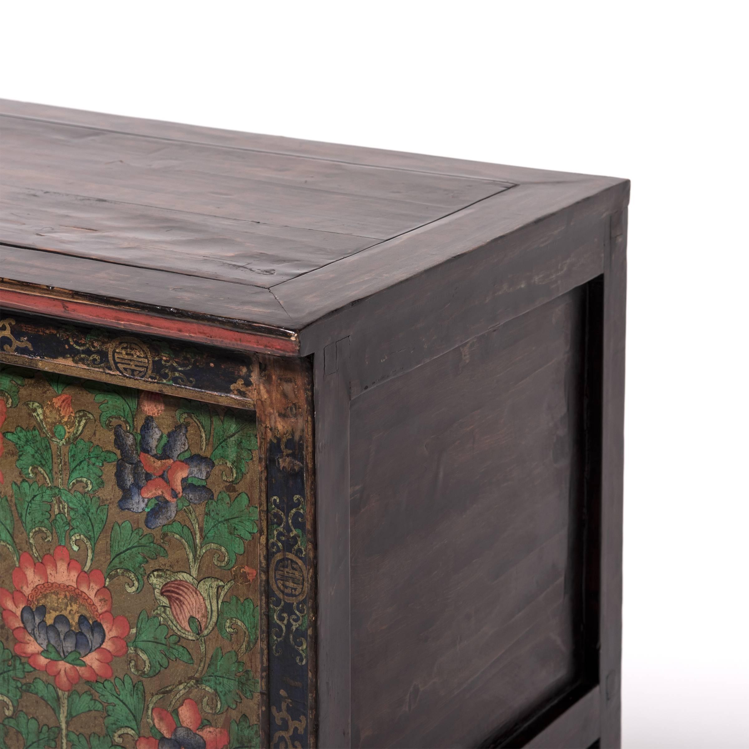 Elm Tibetan Painted Lotus Cabinet