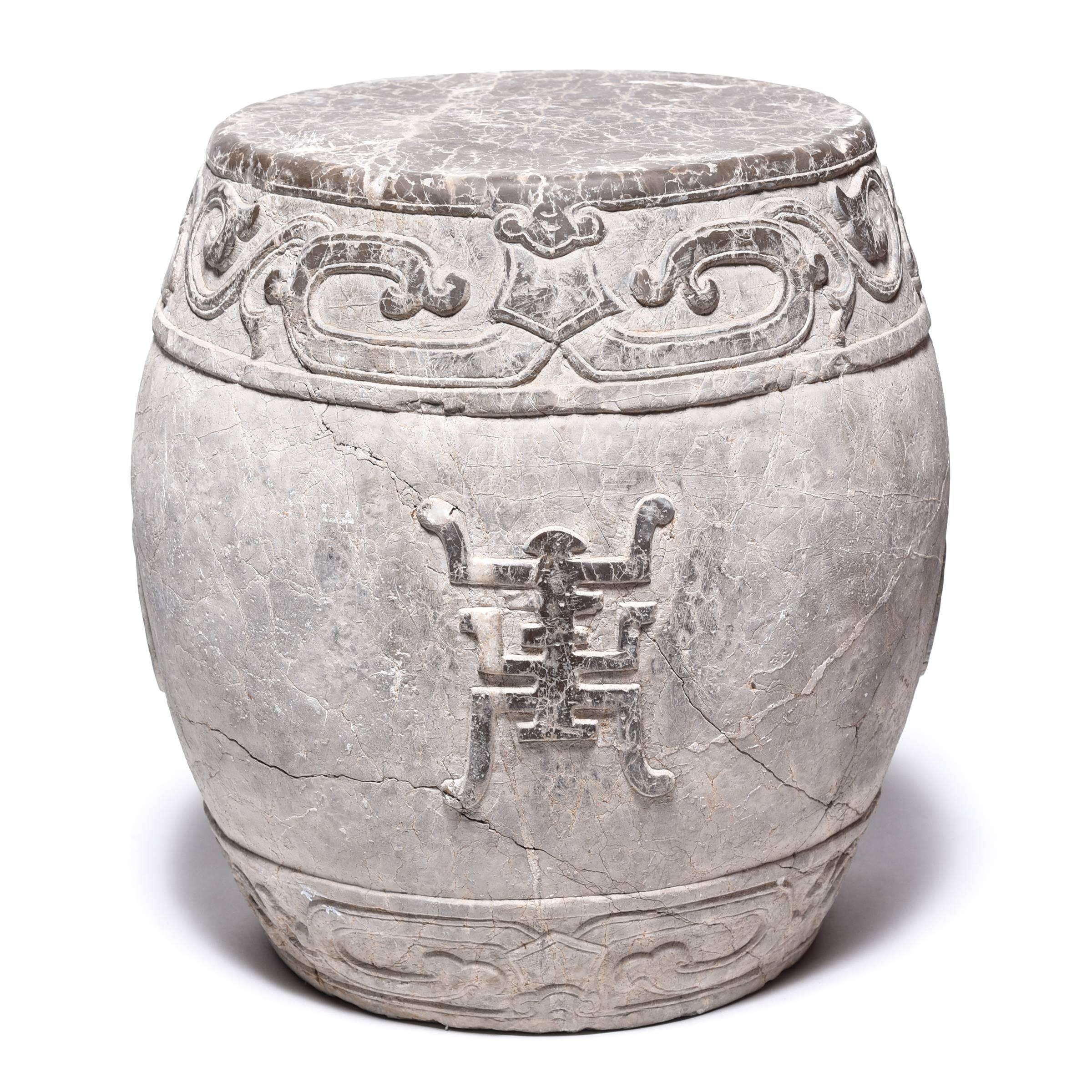 Hand-Carved Chinese Trailing Vine Stone Drum Stool