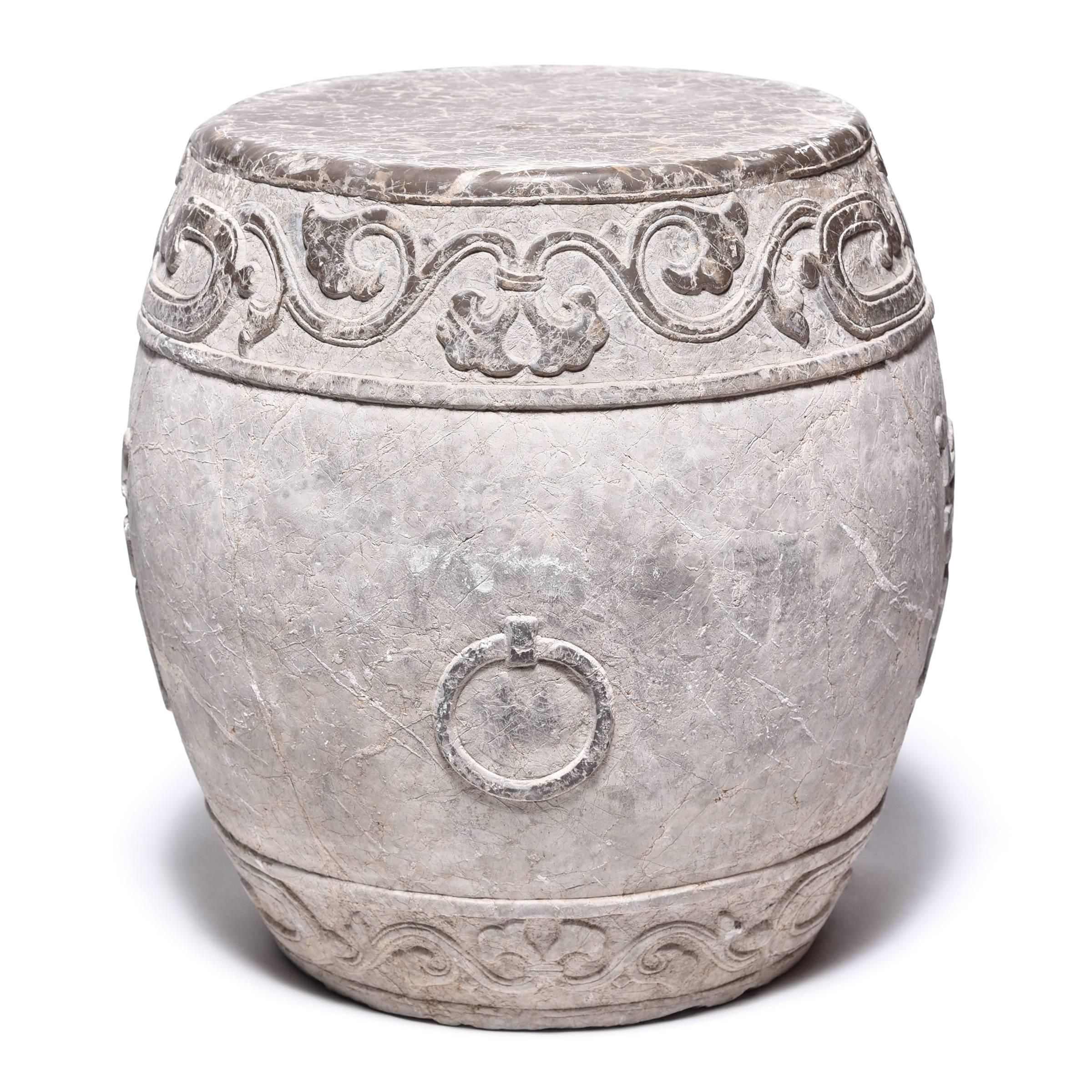 Carved Chinese Trailing Vine Stone Drum