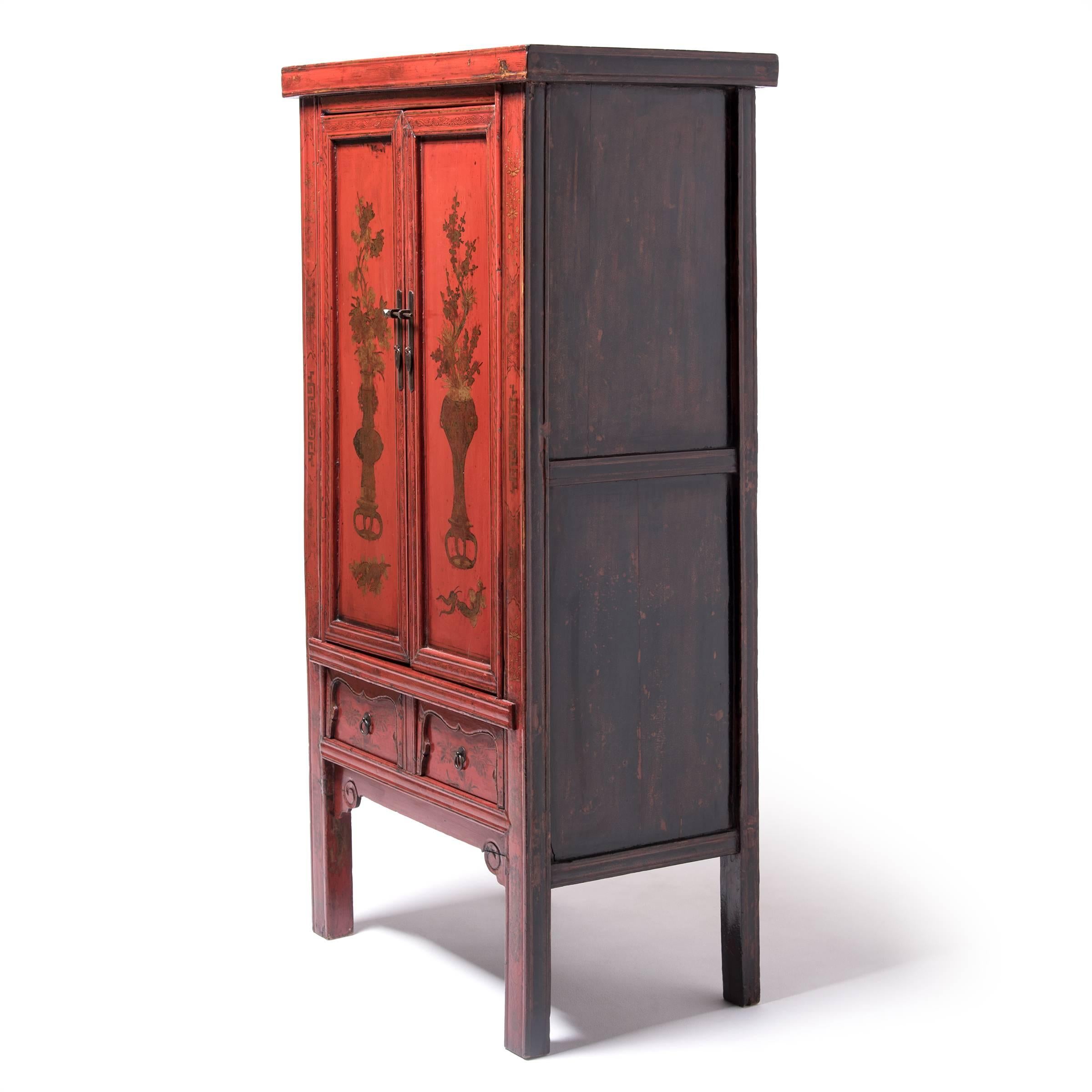 Hand-Painted Chinese Red Lacquer Painted Cabinet, c. 1850