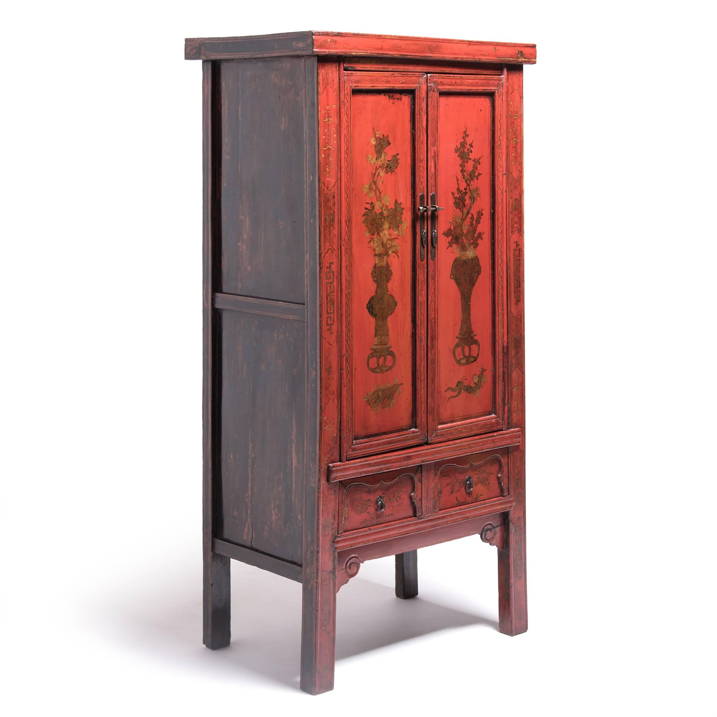 Qing Chinese Red Lacquer Painted Cabinet, c. 1850