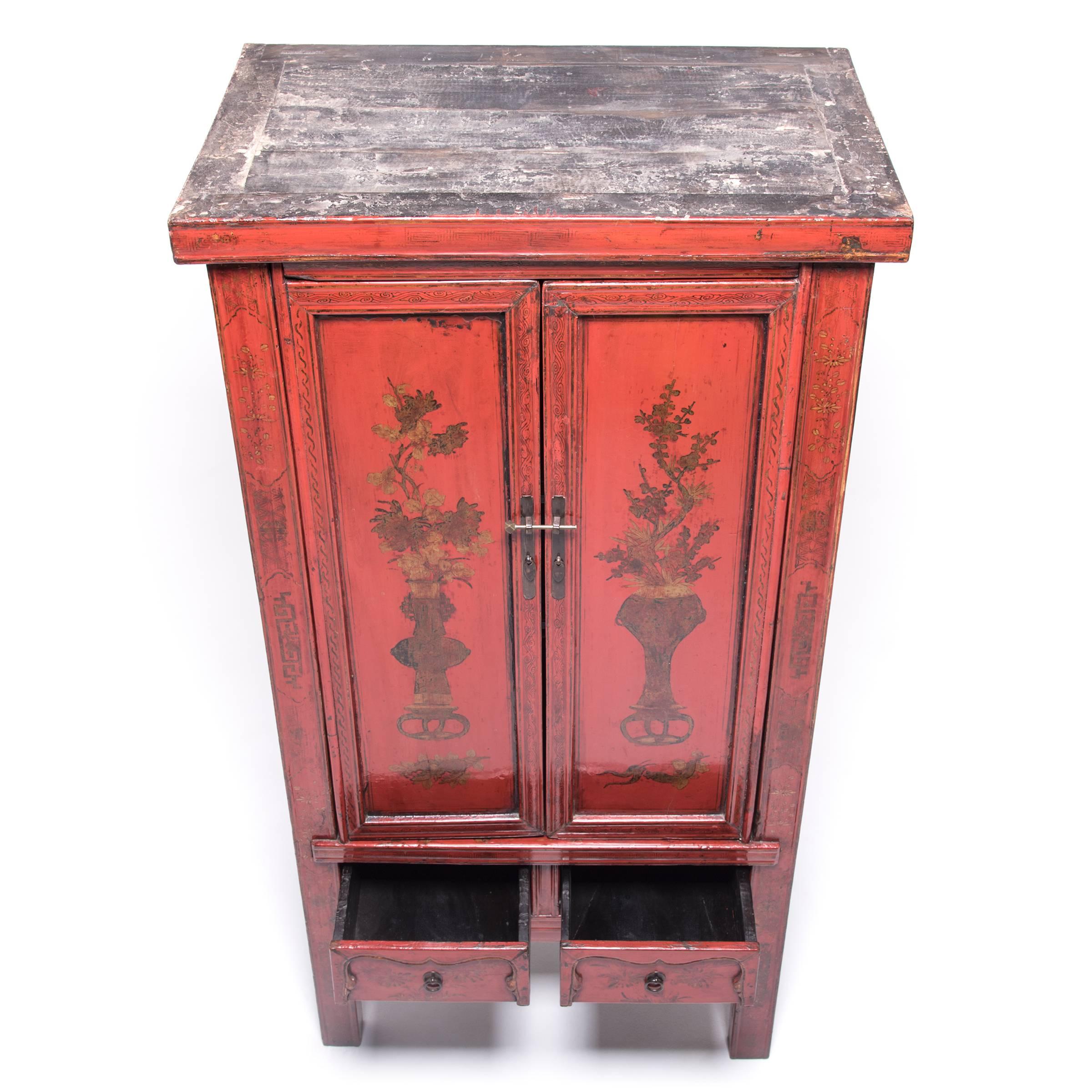 19th Century Chinese Red Lacquer Painted Cabinet, c. 1850