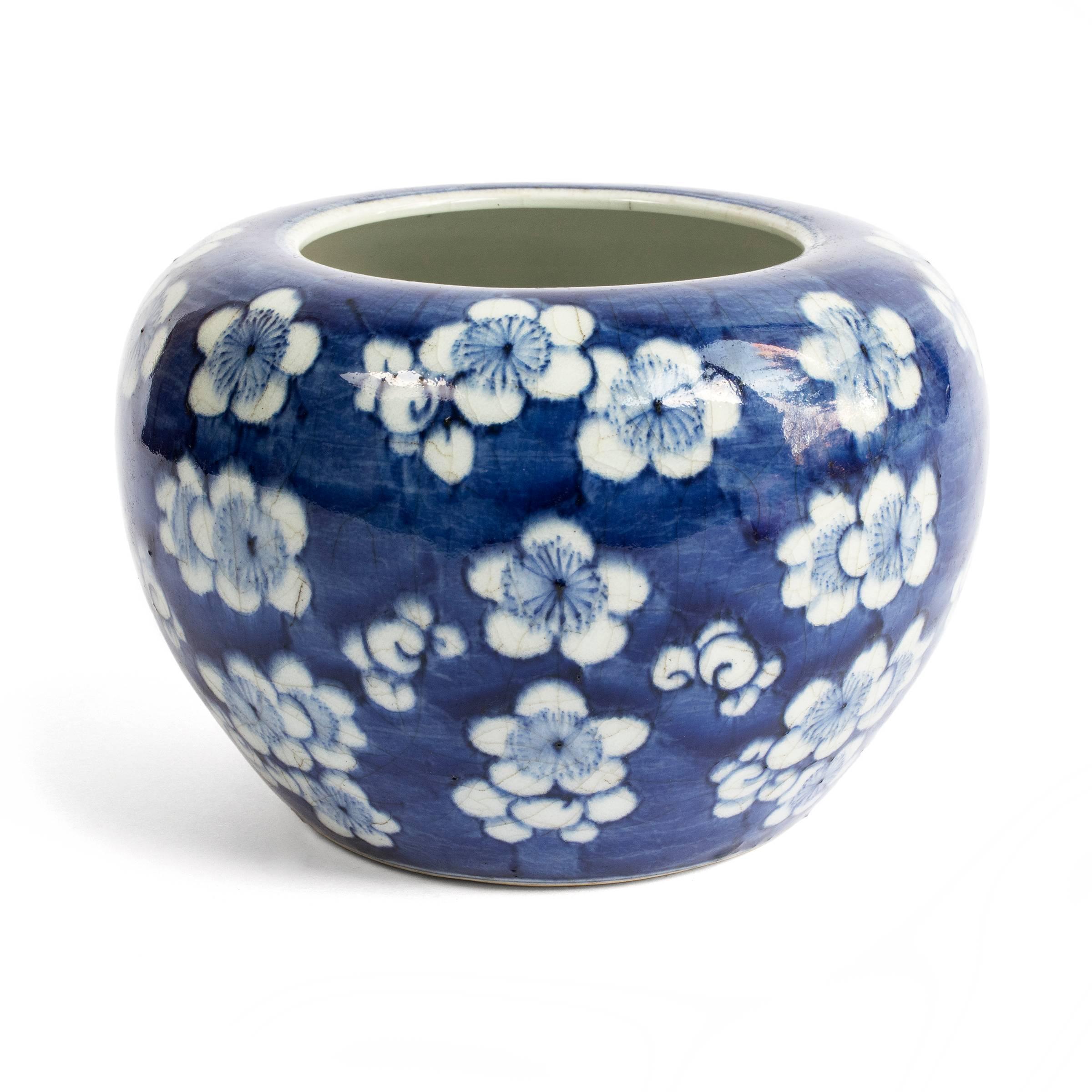 Glazed Chinese Blue and White Prunus Blossom Porcelain Brush Washer