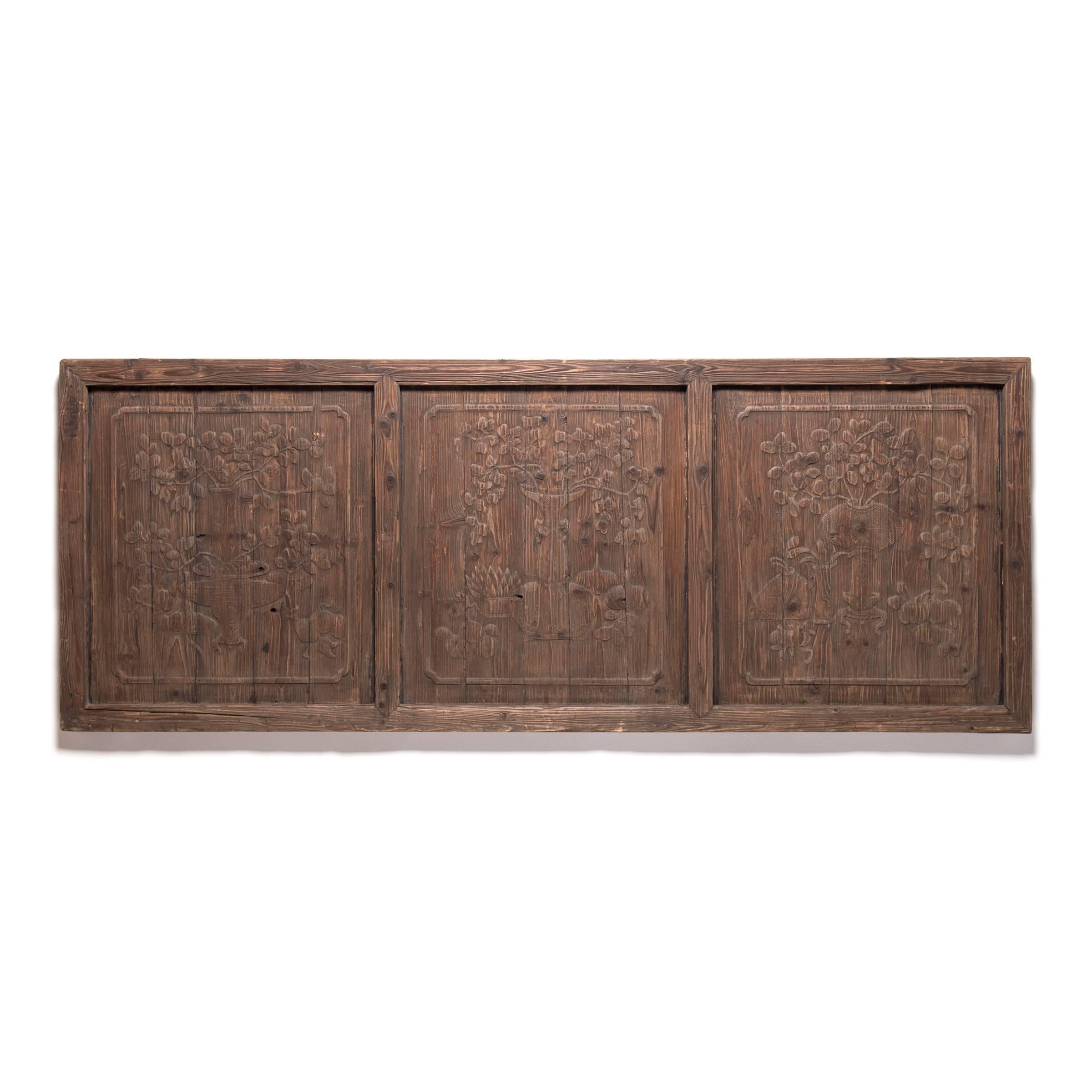 Chinese Relief Carved Architectural Panel with Fruit and Flora, c. 1850 For Sale