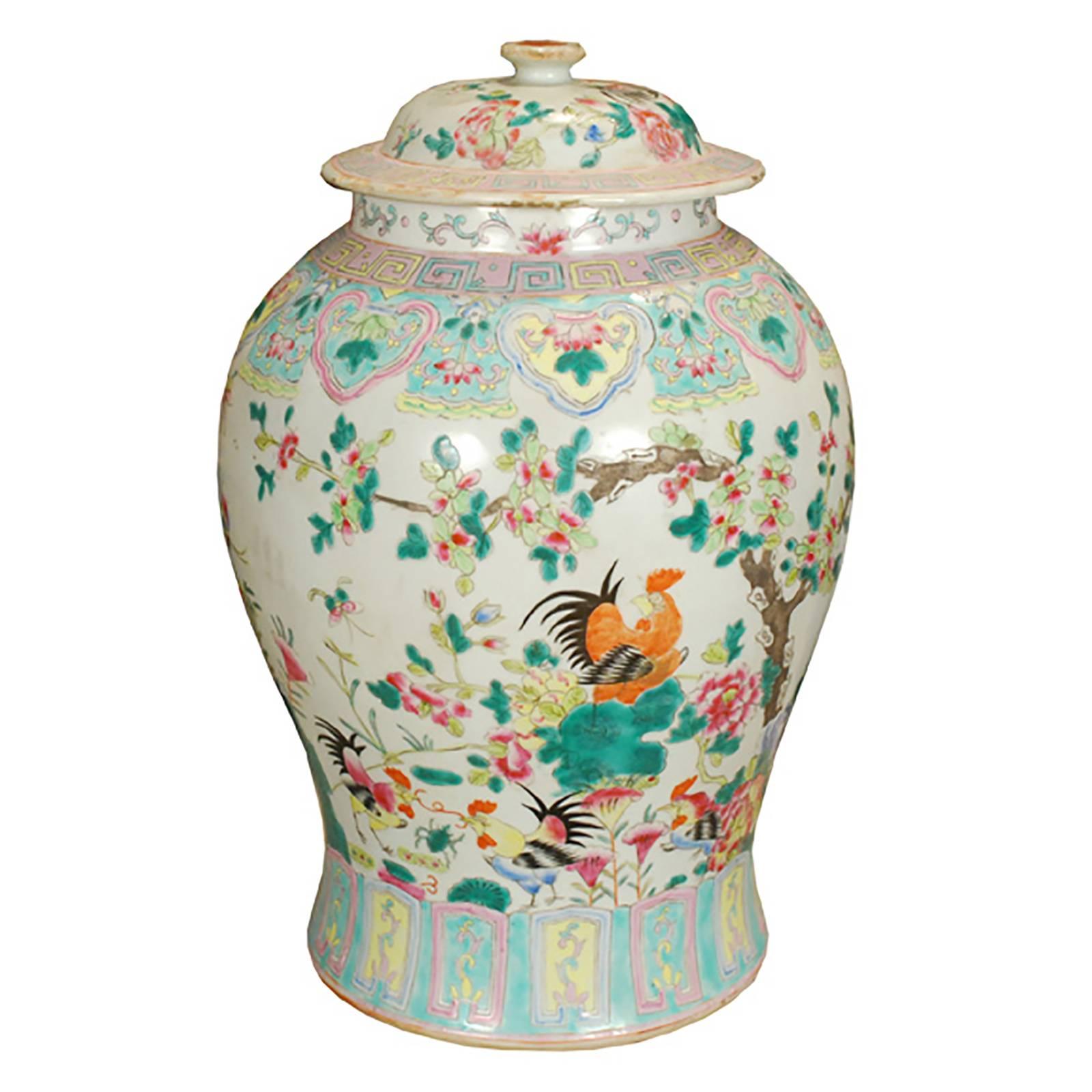 Chinese Flowering Rooster Baluster Jar