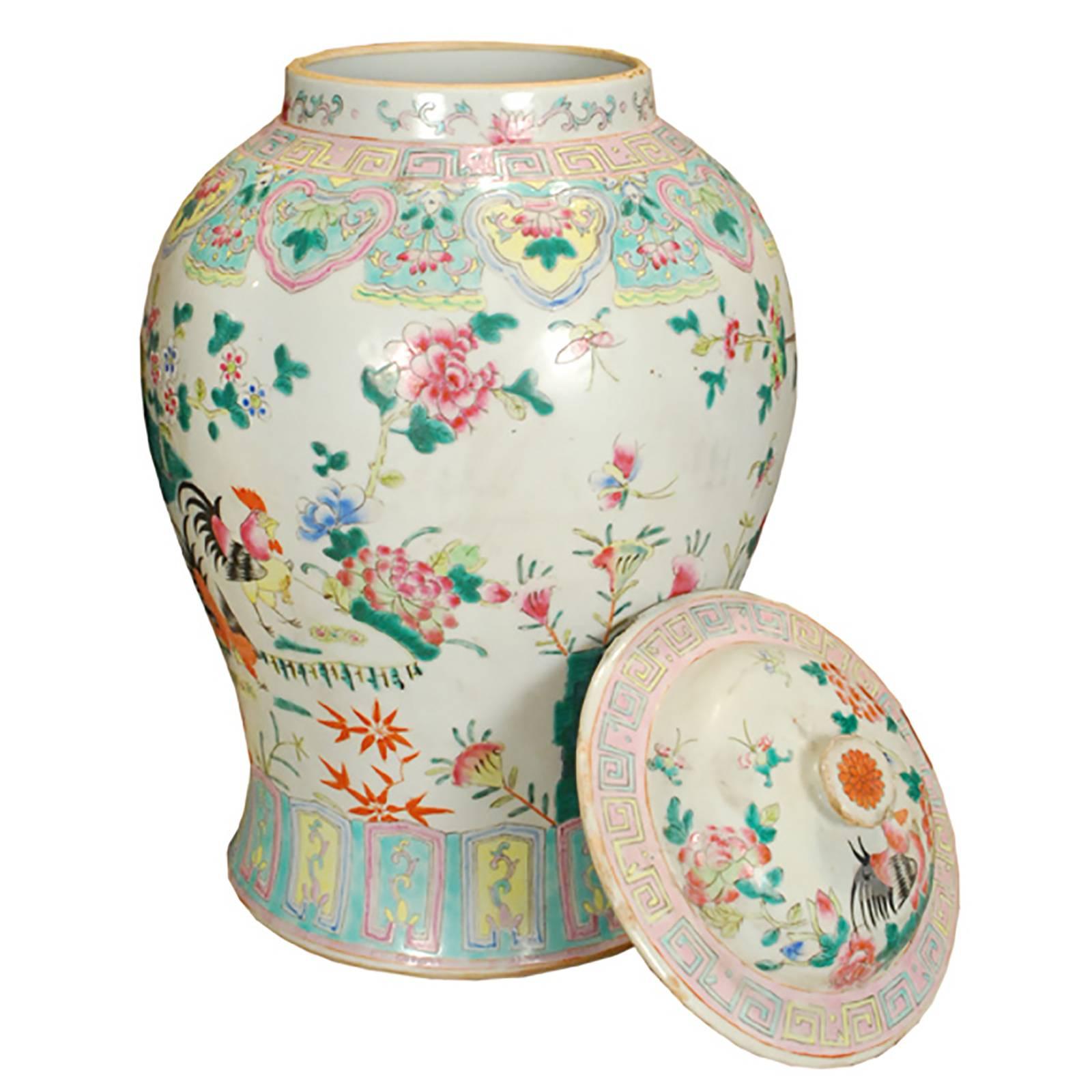 Glazed Chinese Flowering Rooster Baluster Jar