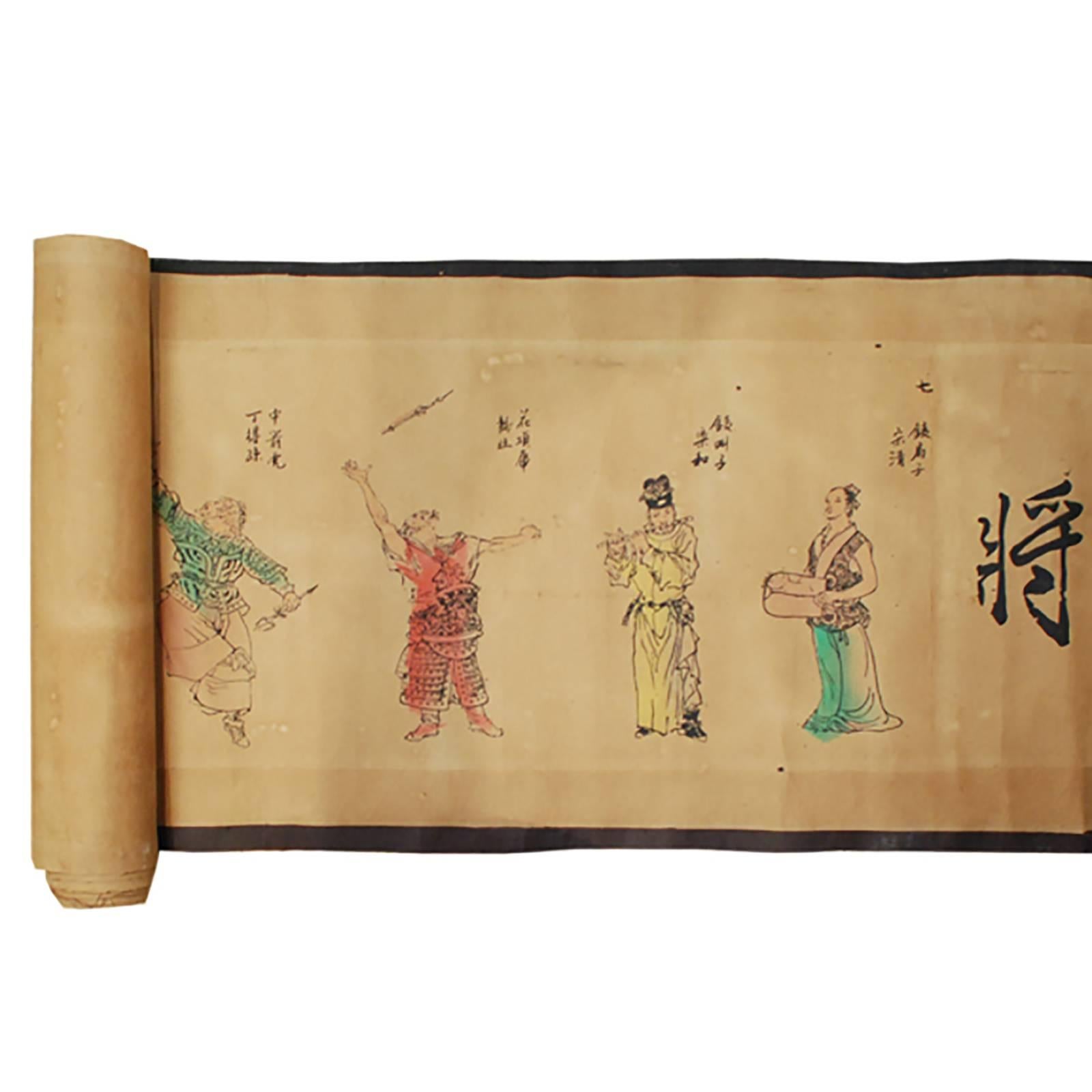 This early 20th century printed and hand-colored hand scroll portrays one third of the 108 heroes from Water Margin, sometimes also known as Outlaws of the Marsh by Shi Nai'an, one of China's four great classical novels. The story takes place during