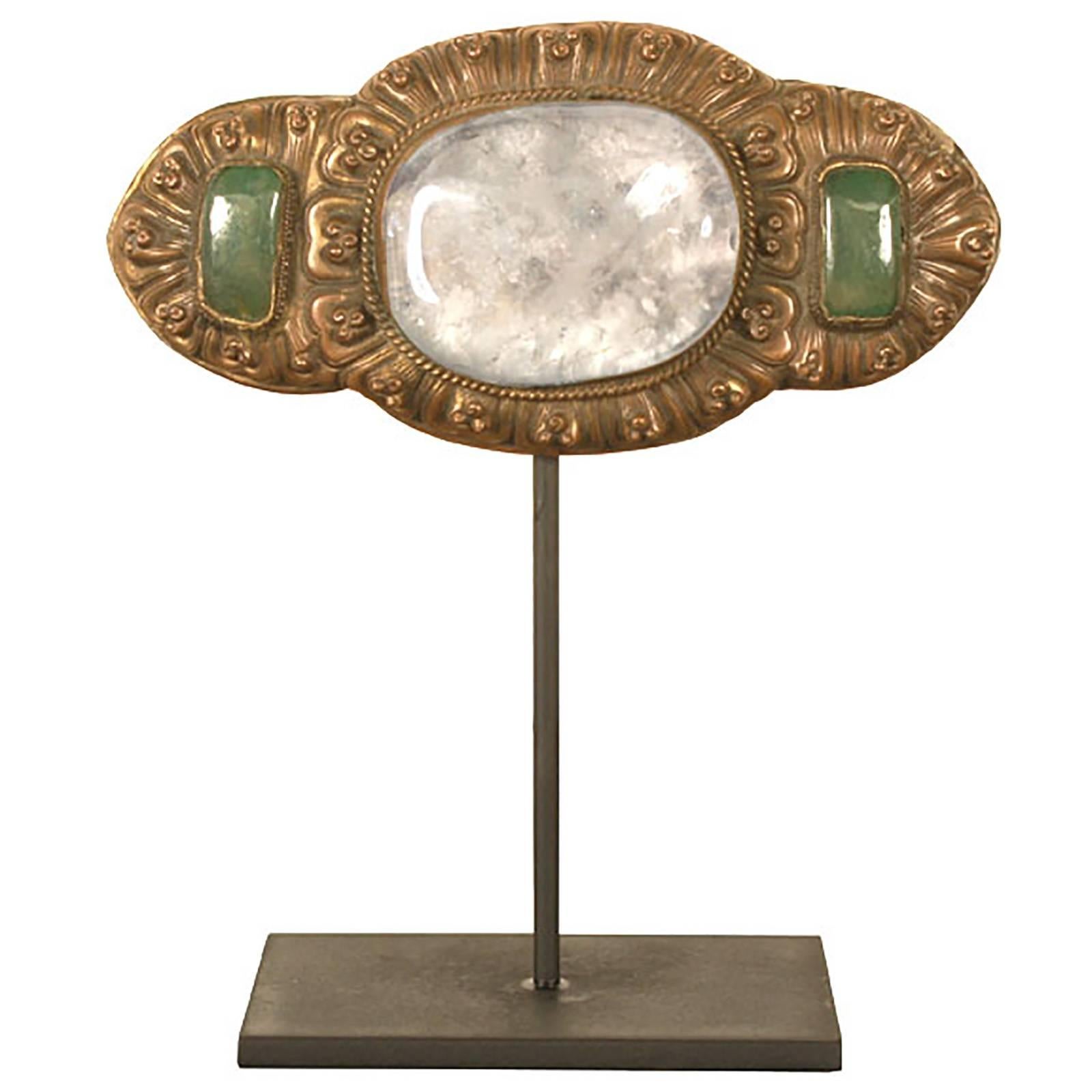 Chinese Belt Buckle with Rock Crystal and Green Quartz