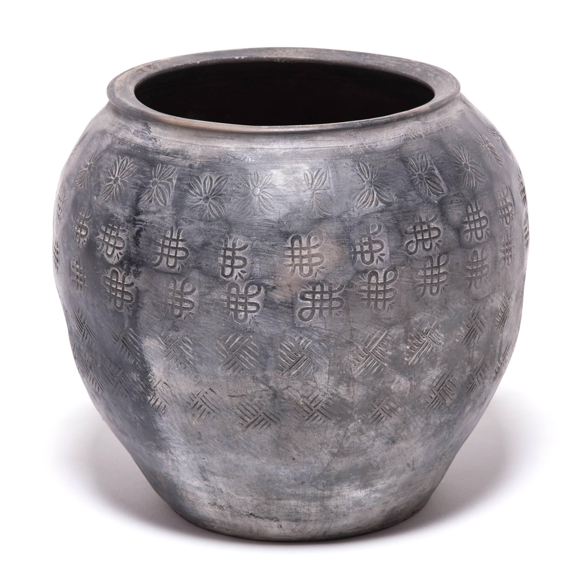 Qing Chinese Unglazed Stamped Clay Jar