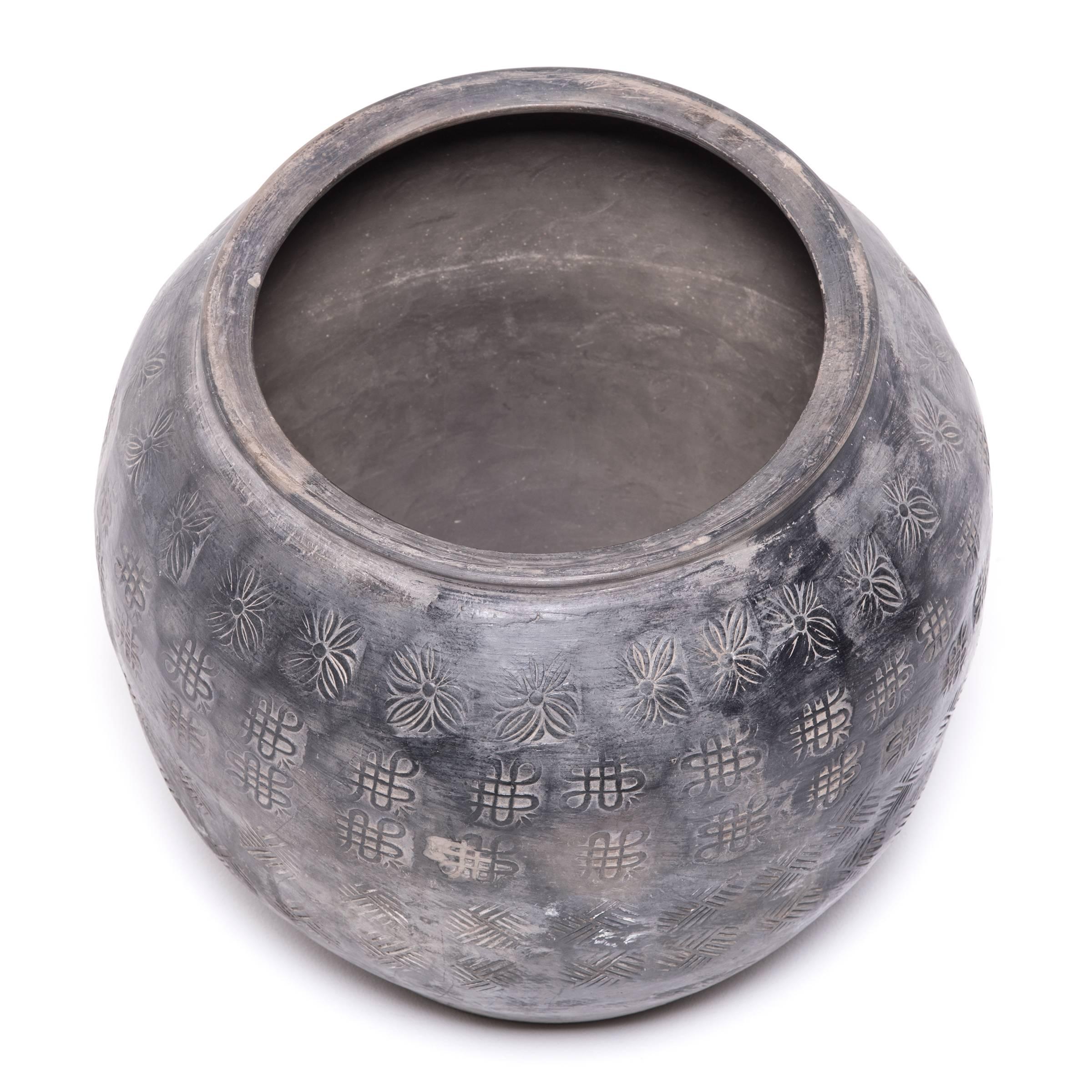 19th Century Chinese Unglazed Stamped Clay Jar