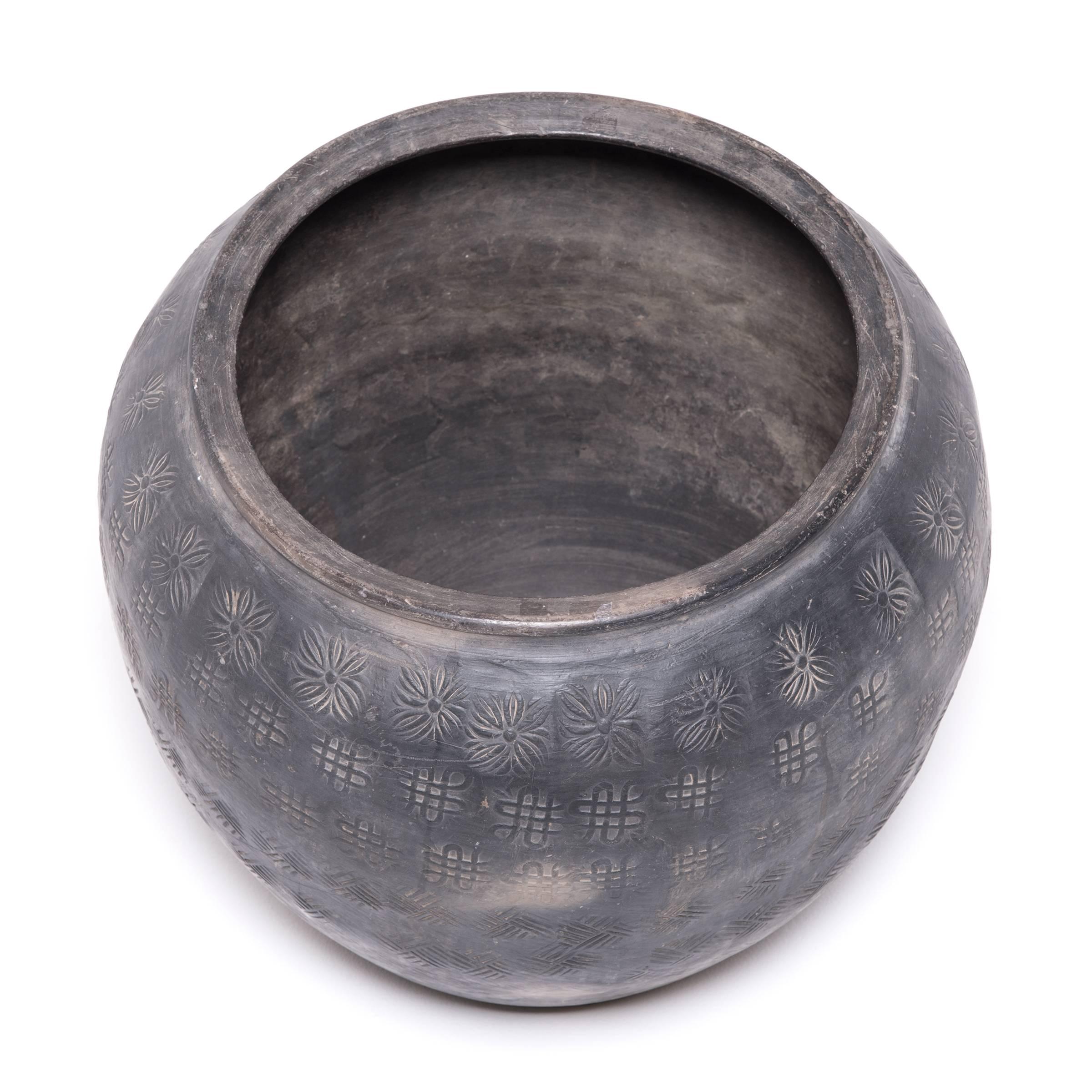 20th Century Chinese Unglazed Stamped Clay Jar