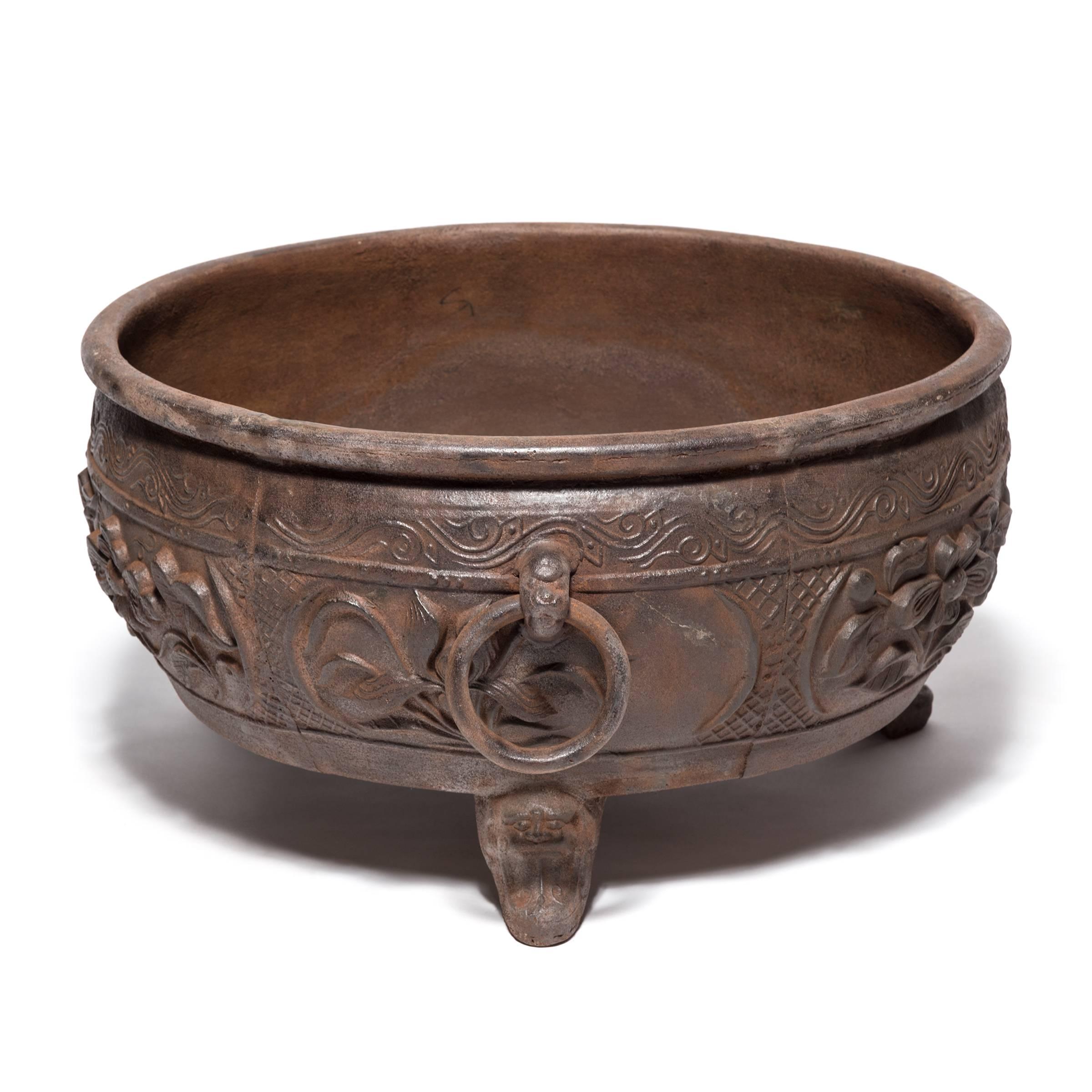Chinese Shallow Cast Iron Lotus Vessel In Good Condition In Chicago, IL