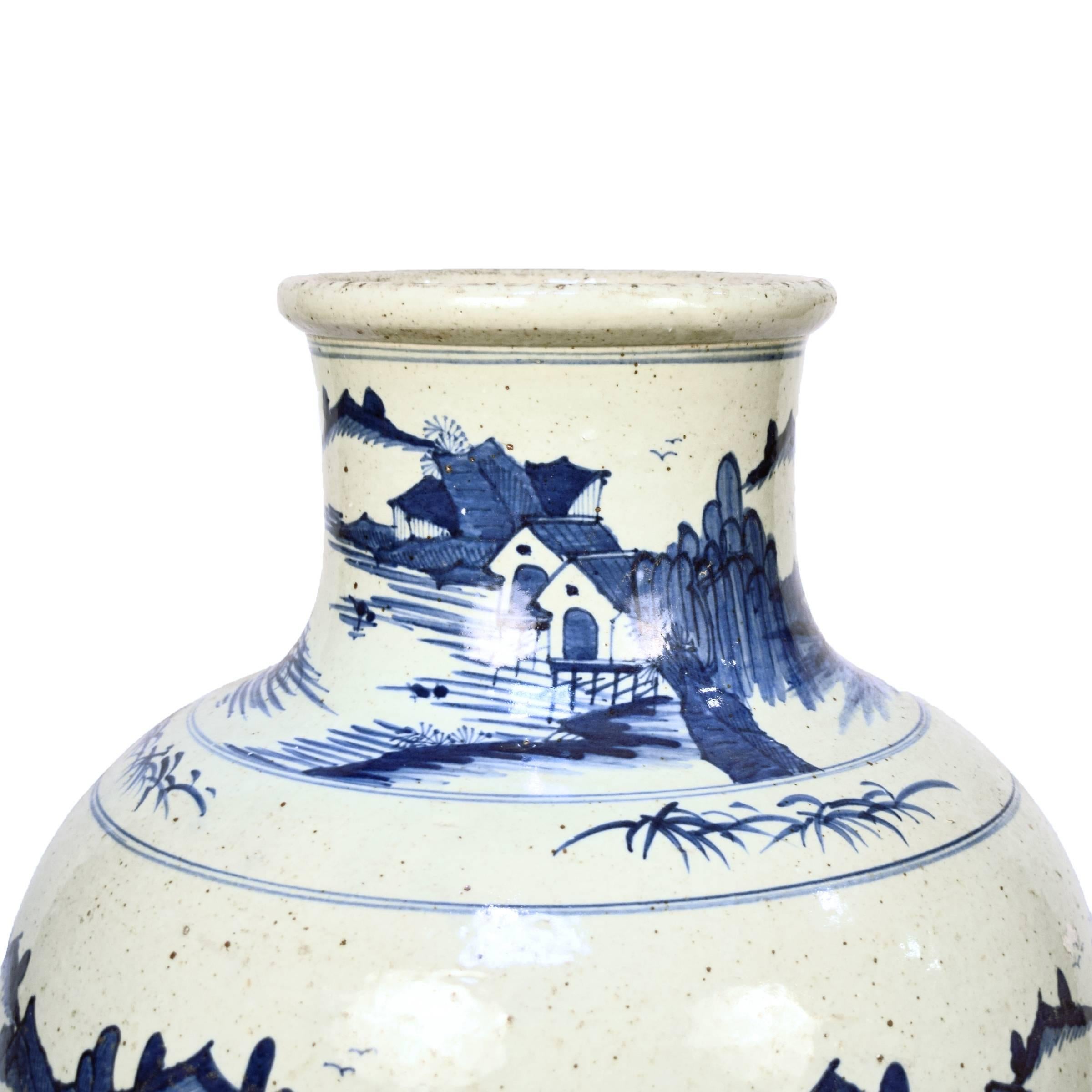Contemporary Chinese Blue and White Shan Shui Vase