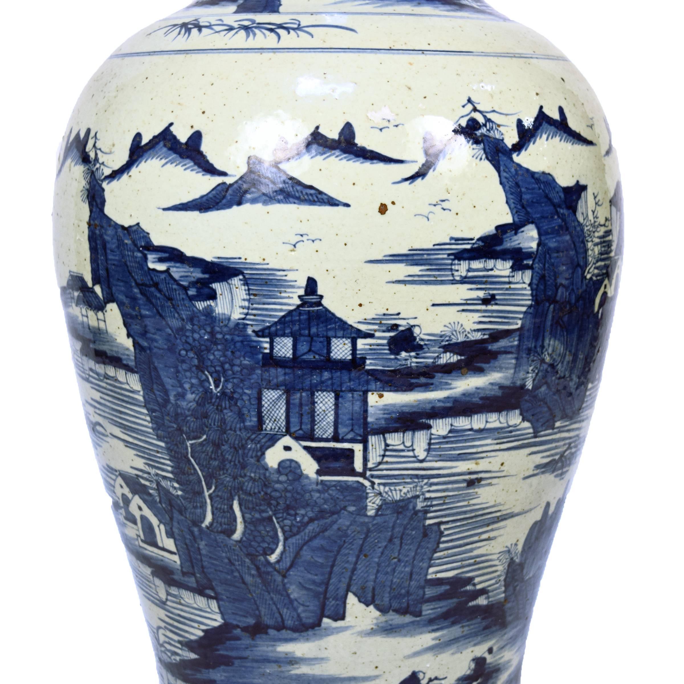 Glazed Chinese Blue and White Shan Shui Vase