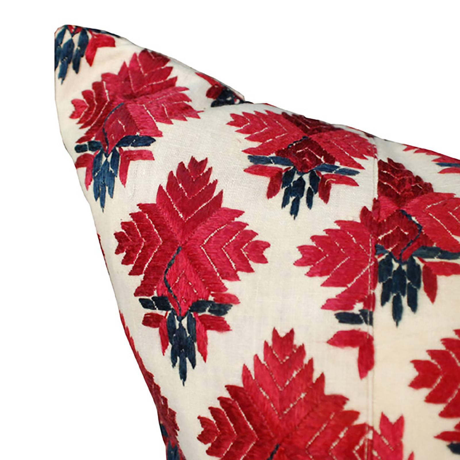 Linen Red Throw Pillow with Vintage Indian Embroidery For Sale