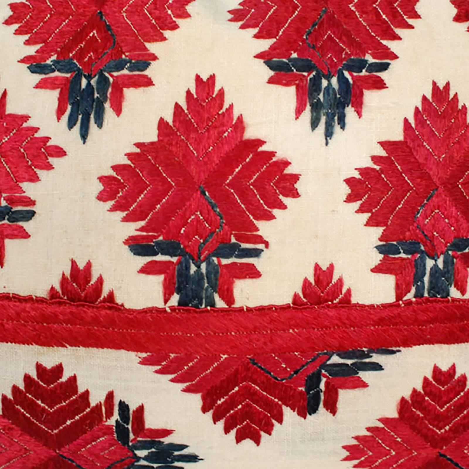 Red Throw Pillow with Vintage Indian Embroidery In Good Condition For Sale In Chicago, IL
