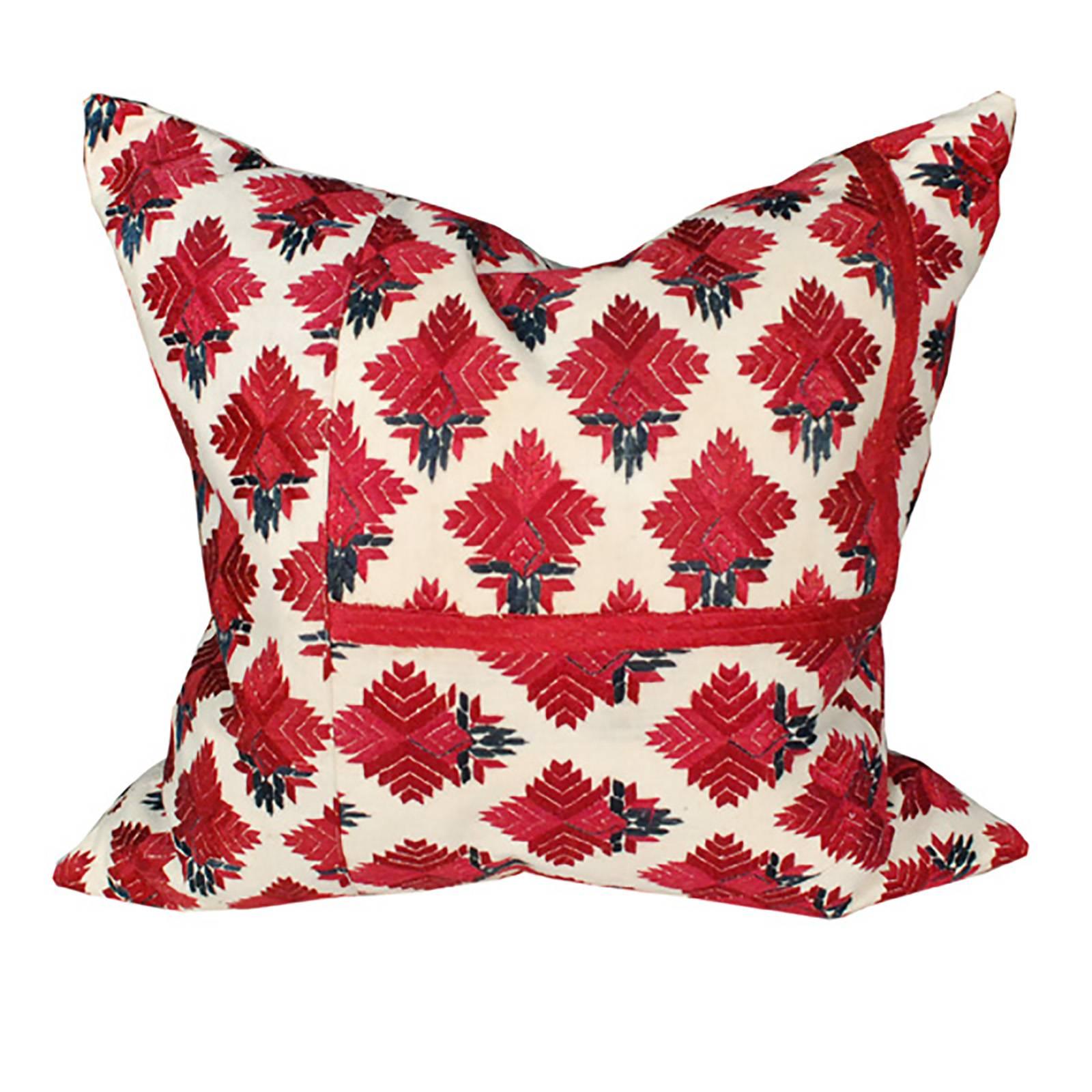 Red Throw Pillow with Vintage Indian Embroidery