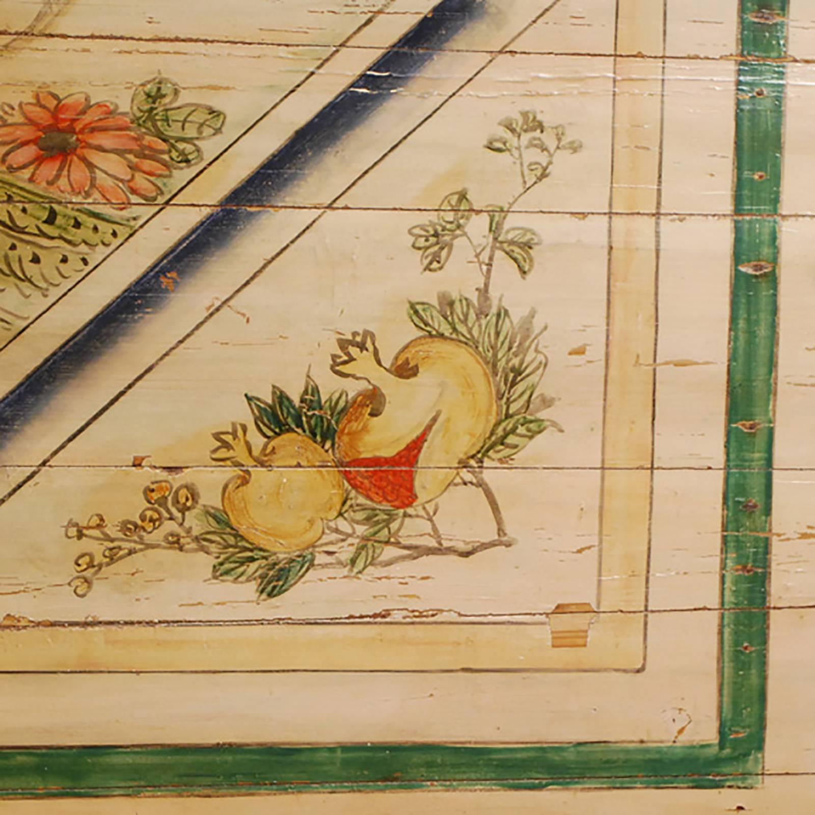 Hand-Painted Chinese Bed Canopy Painting with Phoenix and Auspicious Fruit
