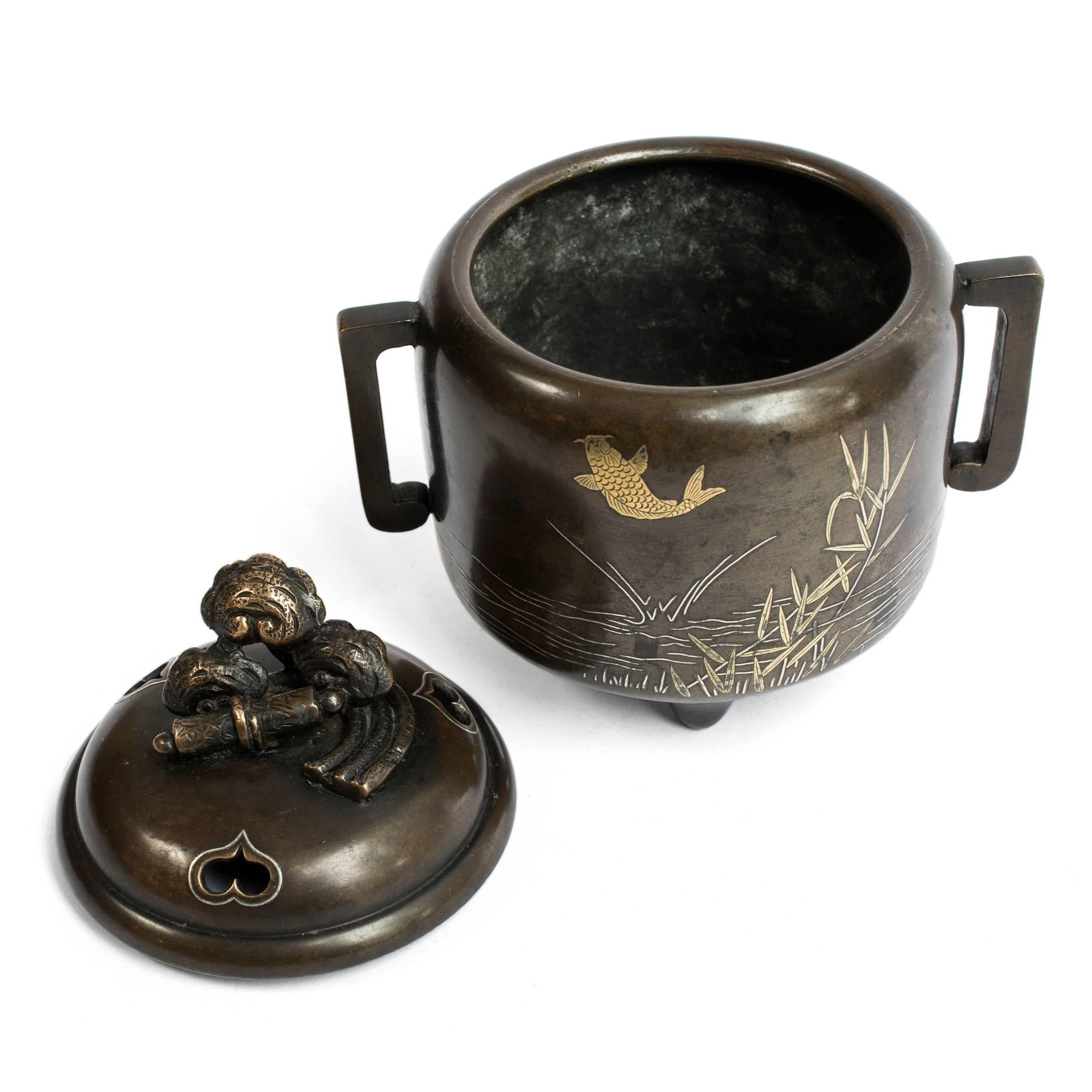 18th Century Japanese Bronze Tripod Censer with Gold Koi Inlay