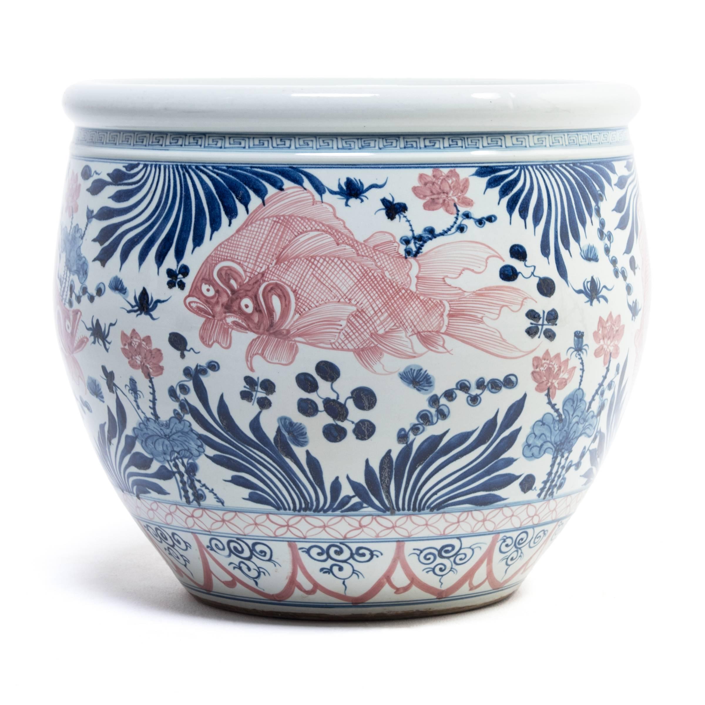 Contemporary Chinese Underglaze Cobalt and Copper Fish Bowl
