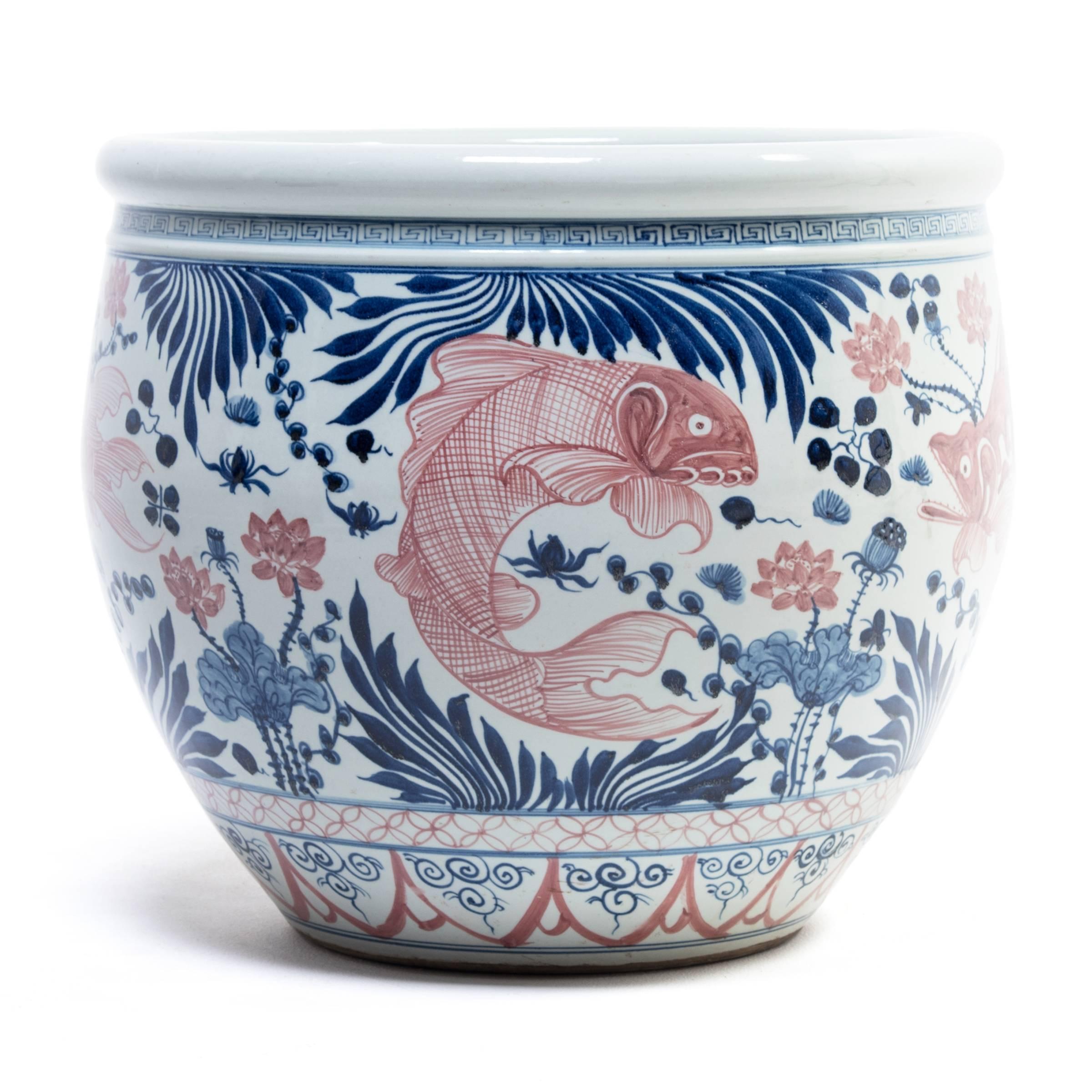 Chinese Underglaze Cobalt and Copper Fish Bowl In Excellent Condition In Chicago, IL