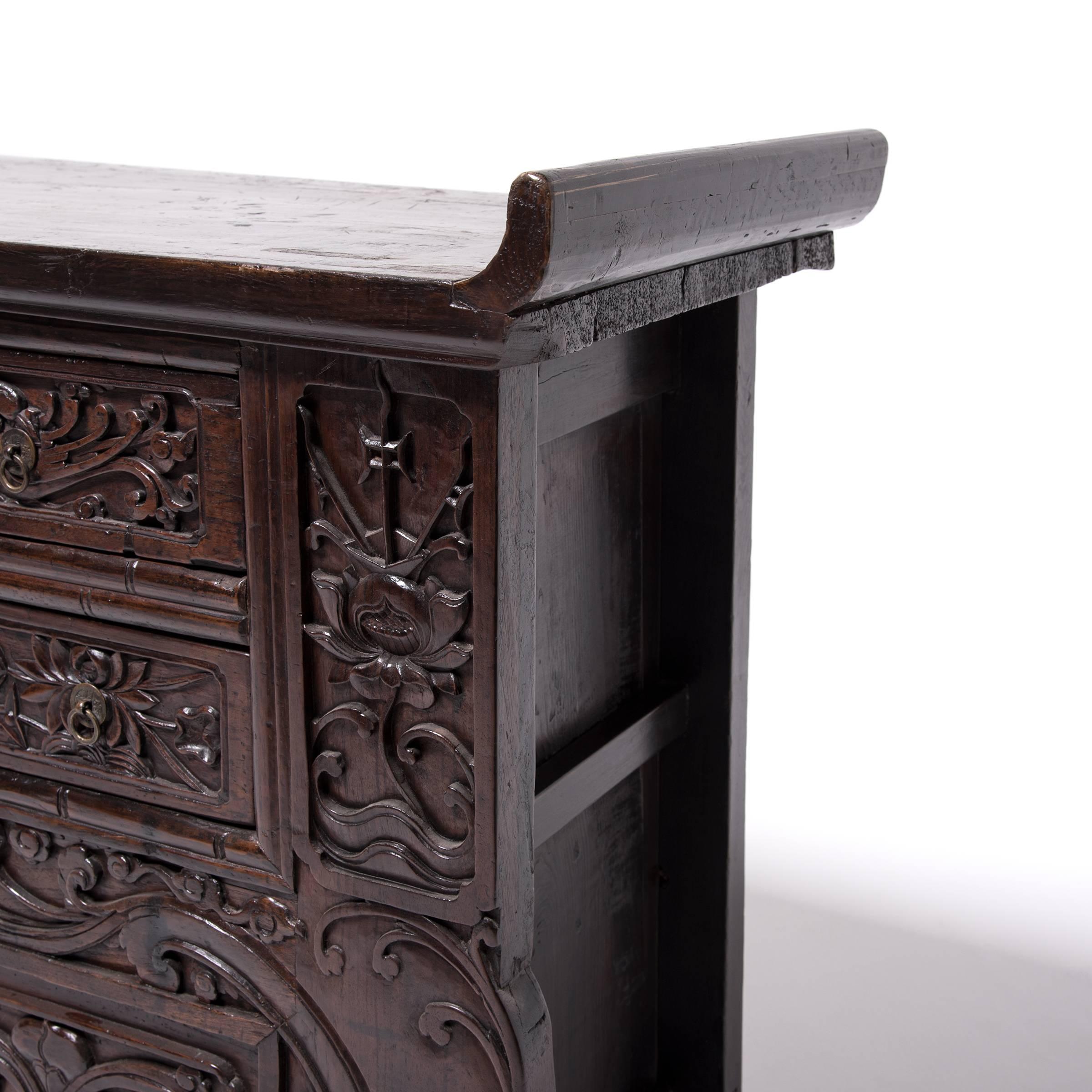 Elm Chinese Carved Ten-Drawer Chest, c. 1850