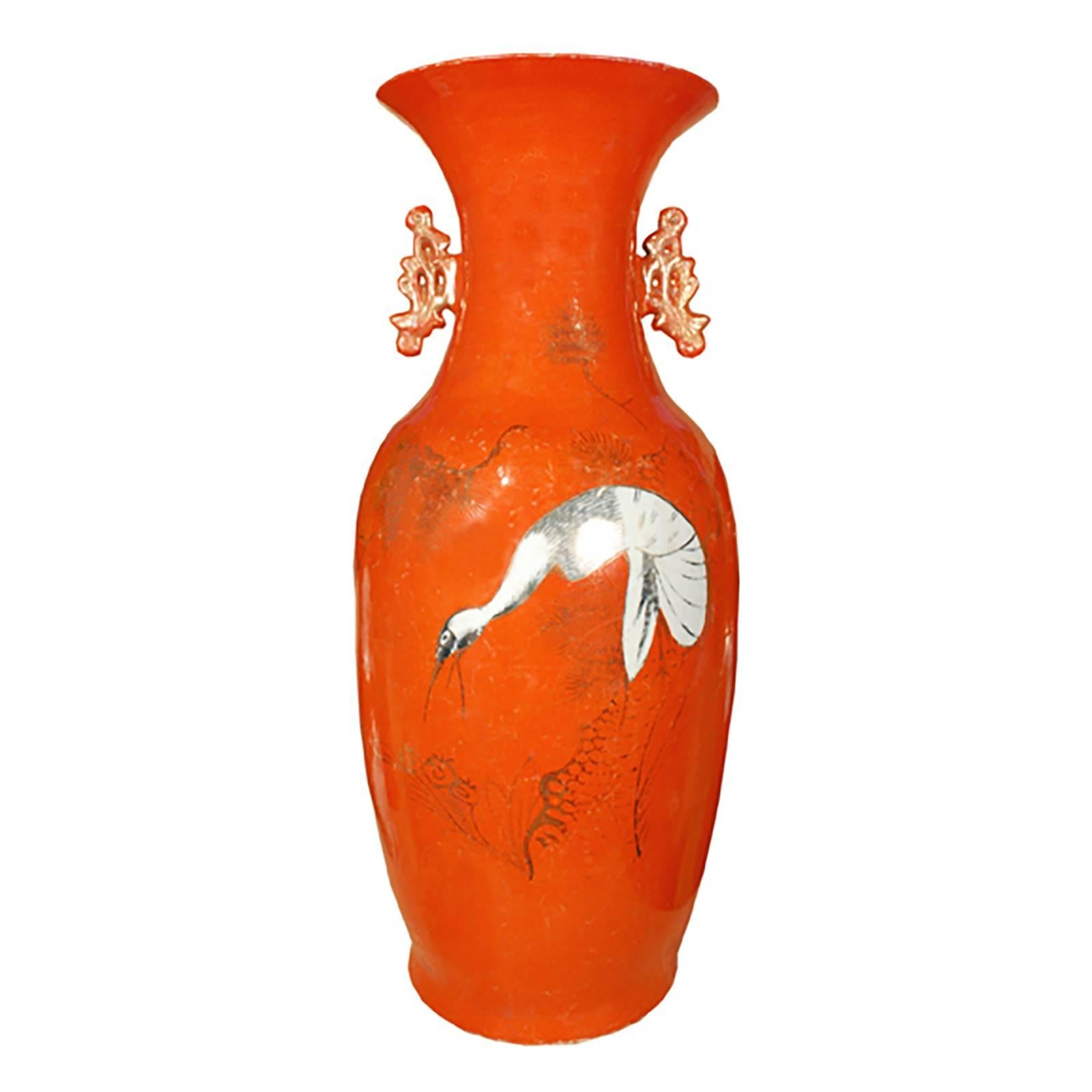 Chinese Persimmon and White Crane Phoenix Tail Vase with Handles
