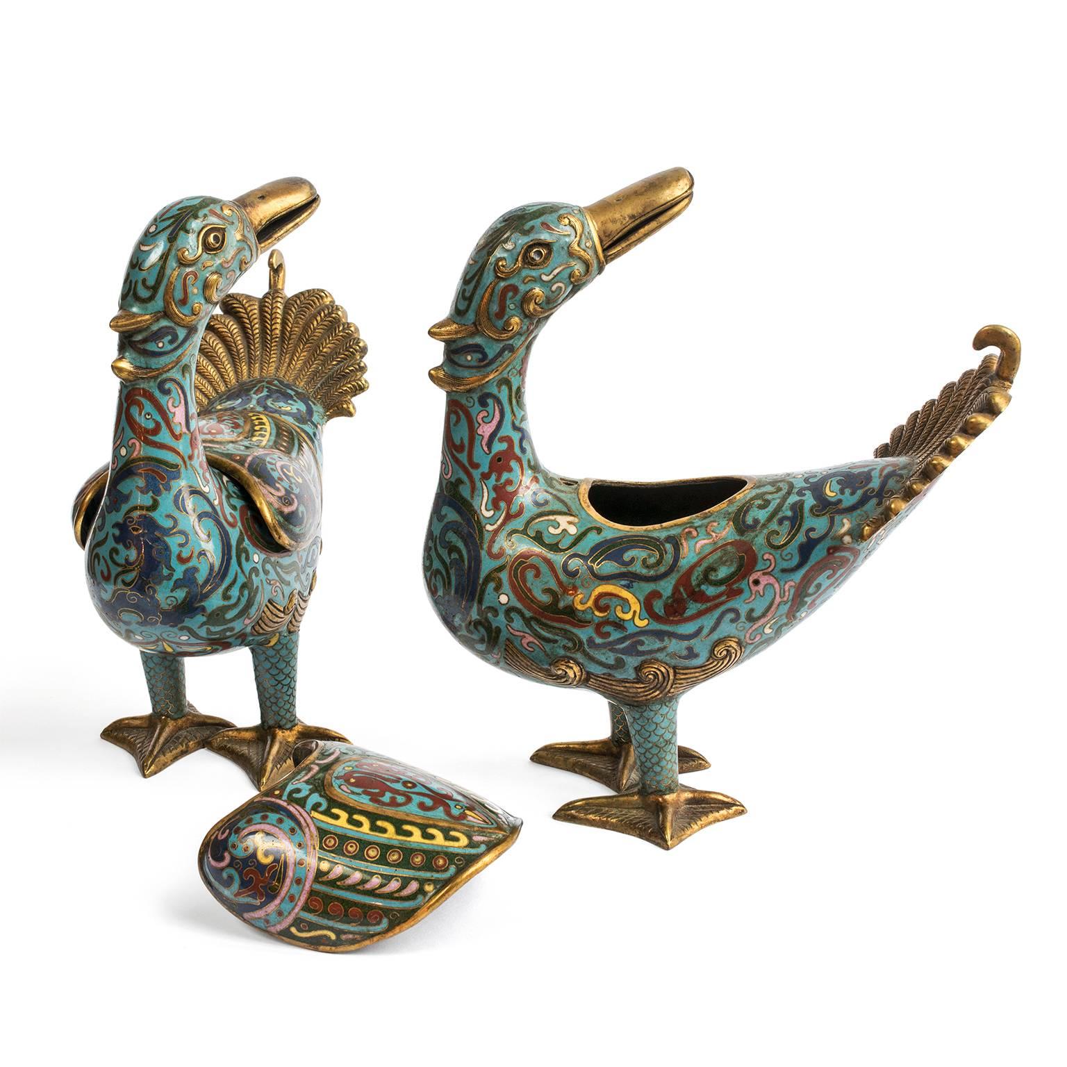 Qing Pair of early 20th C. Cloisonne Ducks