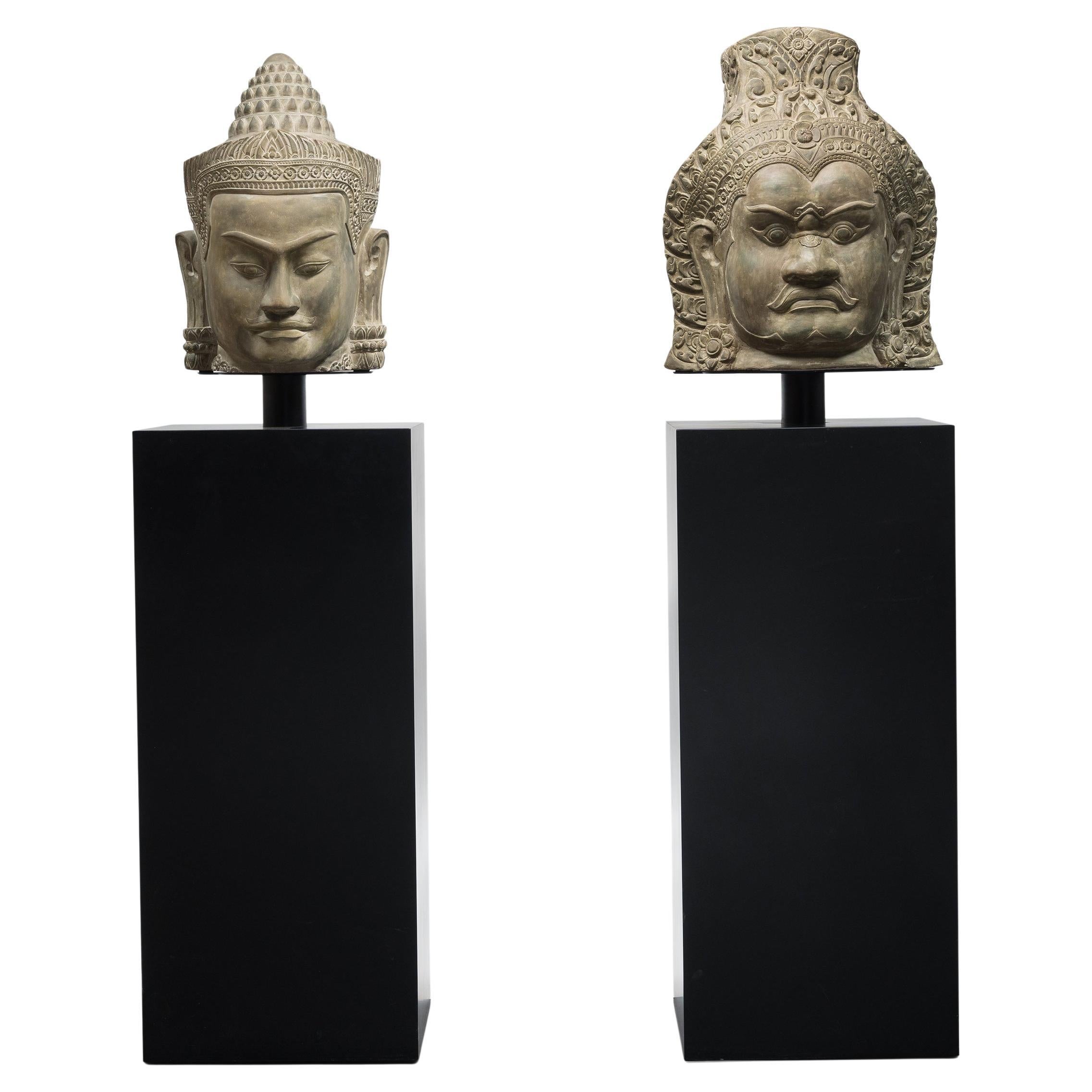 Pair of Monumental Stone Heads of Deva and Asura