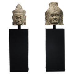 Pair of Monumental Stone Heads of Deva and Asura