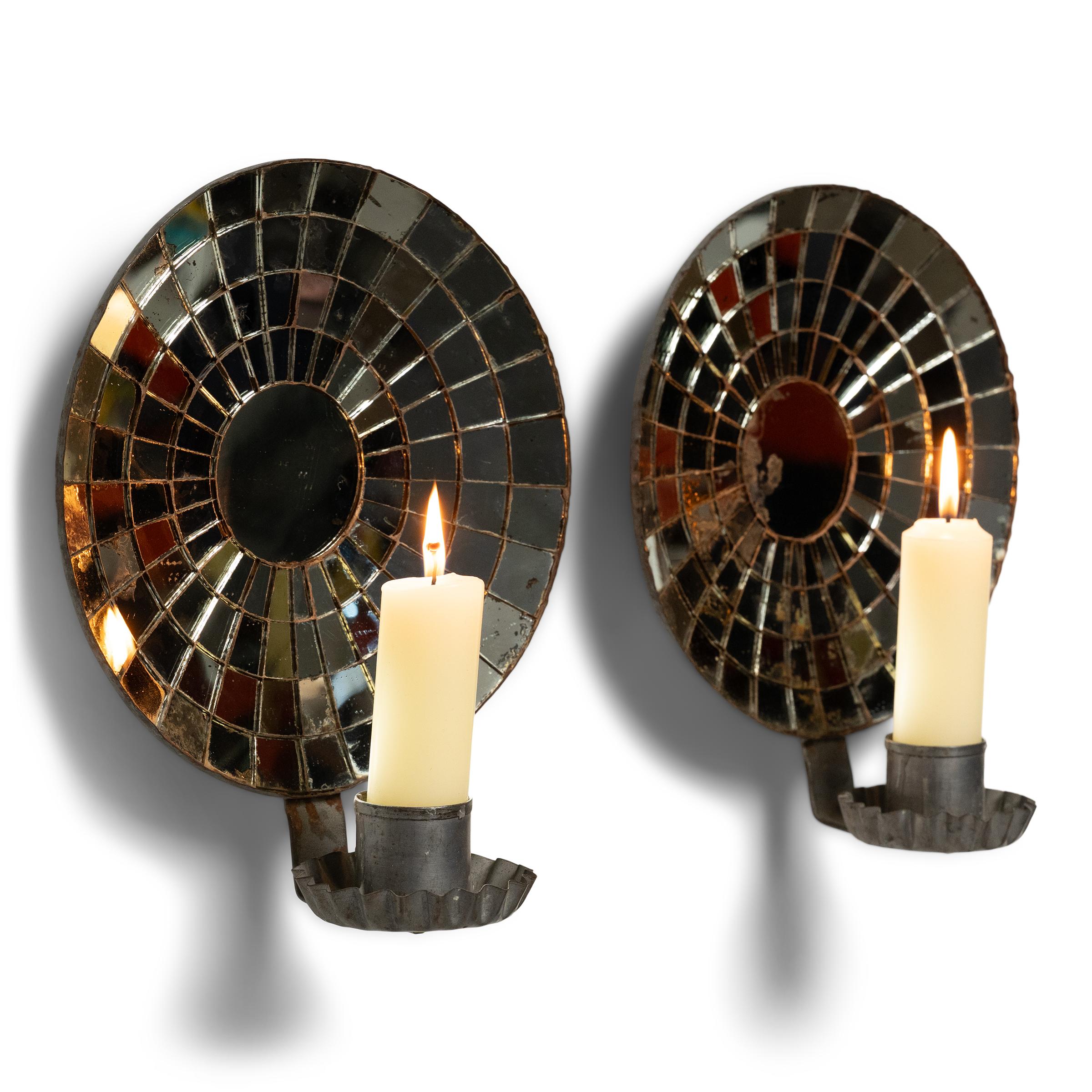 American Colonial Pair of Mirrored Tin Candle Sconces, c. 1930s For Sale