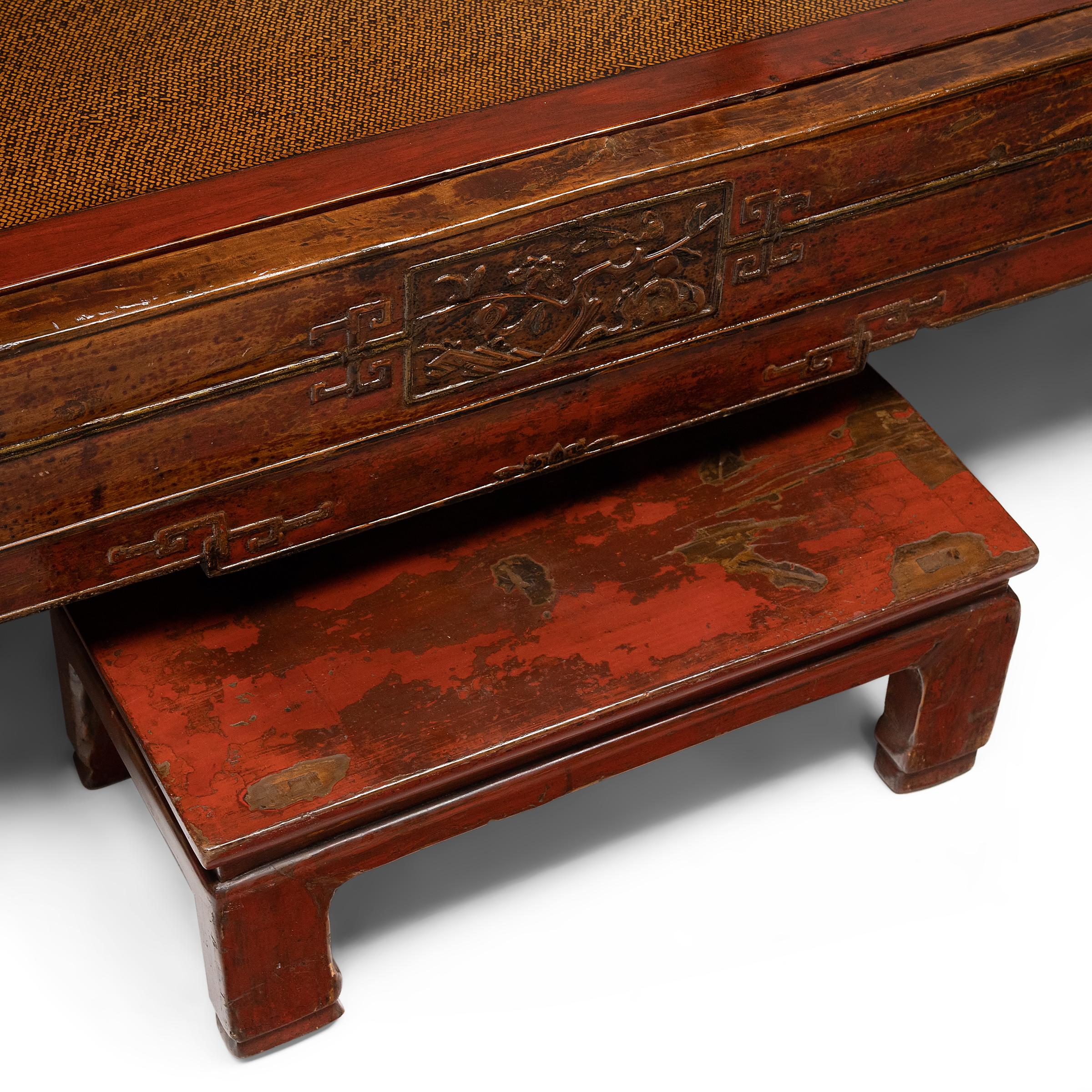 Elm Chinese Red Lacquer Canopy Bed with Footrest, c. 1900 For Sale