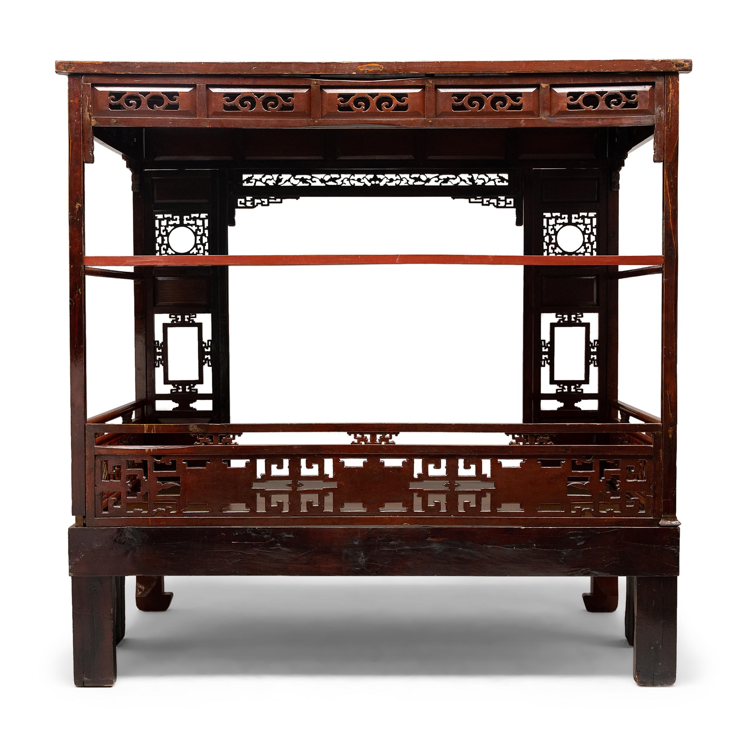 Chinese Red Lacquer Canopy Bed with Footrest, c. 1900 For Sale 3