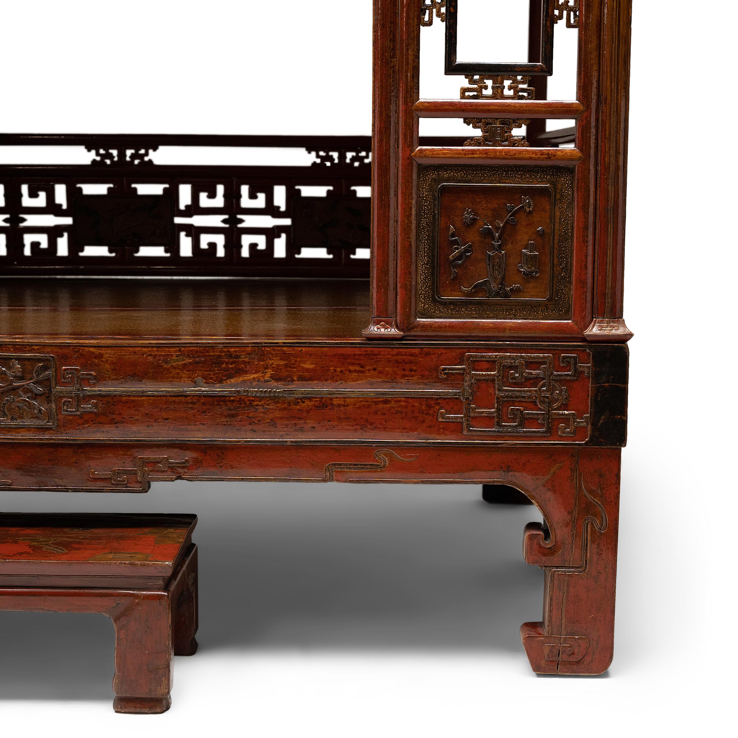 Lacquered Chinese Red Lacquer Canopy Bed with Footrest, c. 1900 For Sale