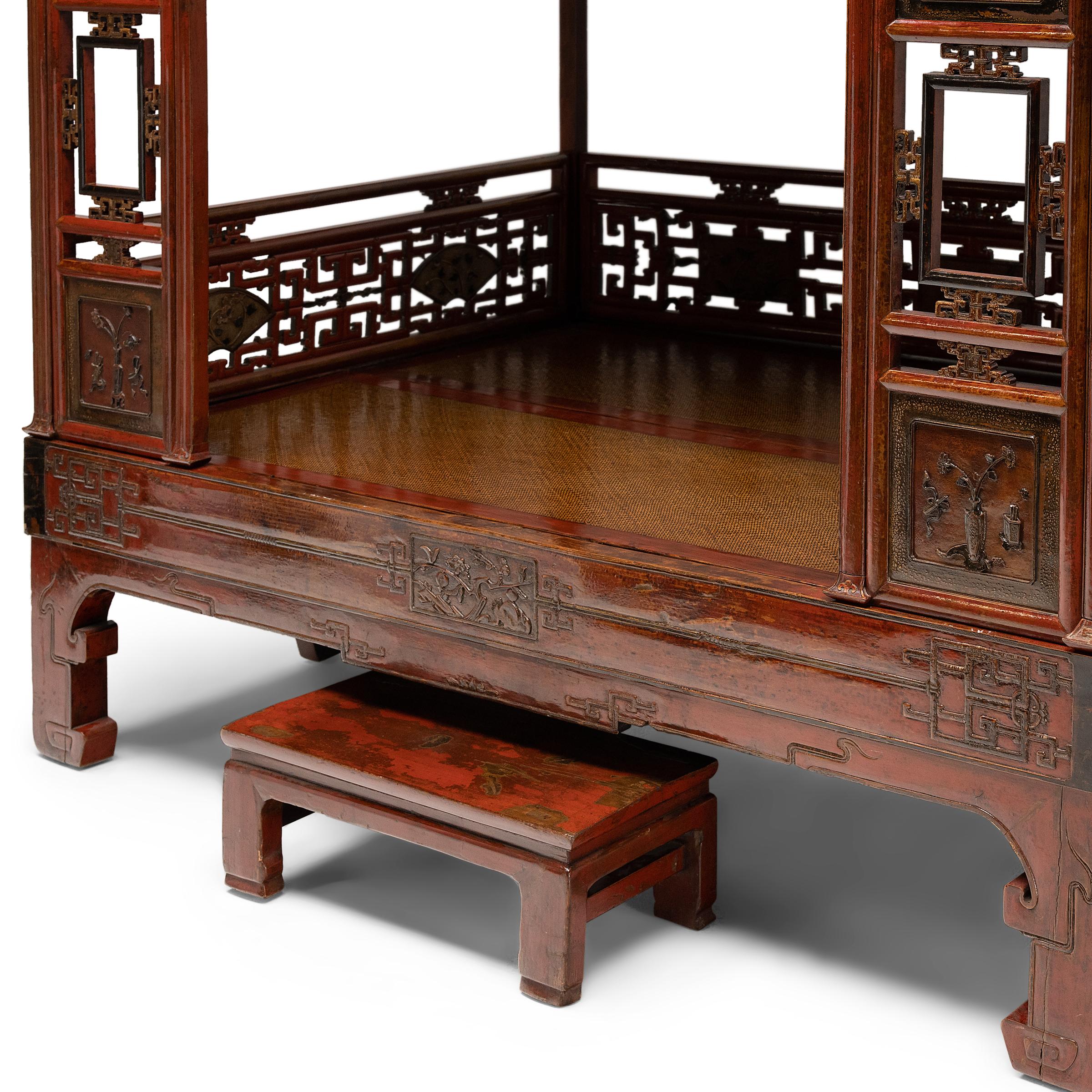 Qing Chinese Red Lacquer Canopy Bed with Footrest, c. 1900 For Sale