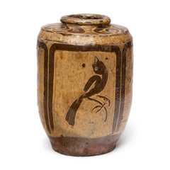 Jarra china antigua para vinagre con motivos de pájaros y flores, siglo XIX