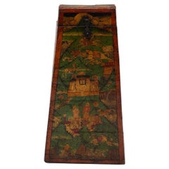 Antique Tibetan Painted Box with Mythical Landscape, 19th Century