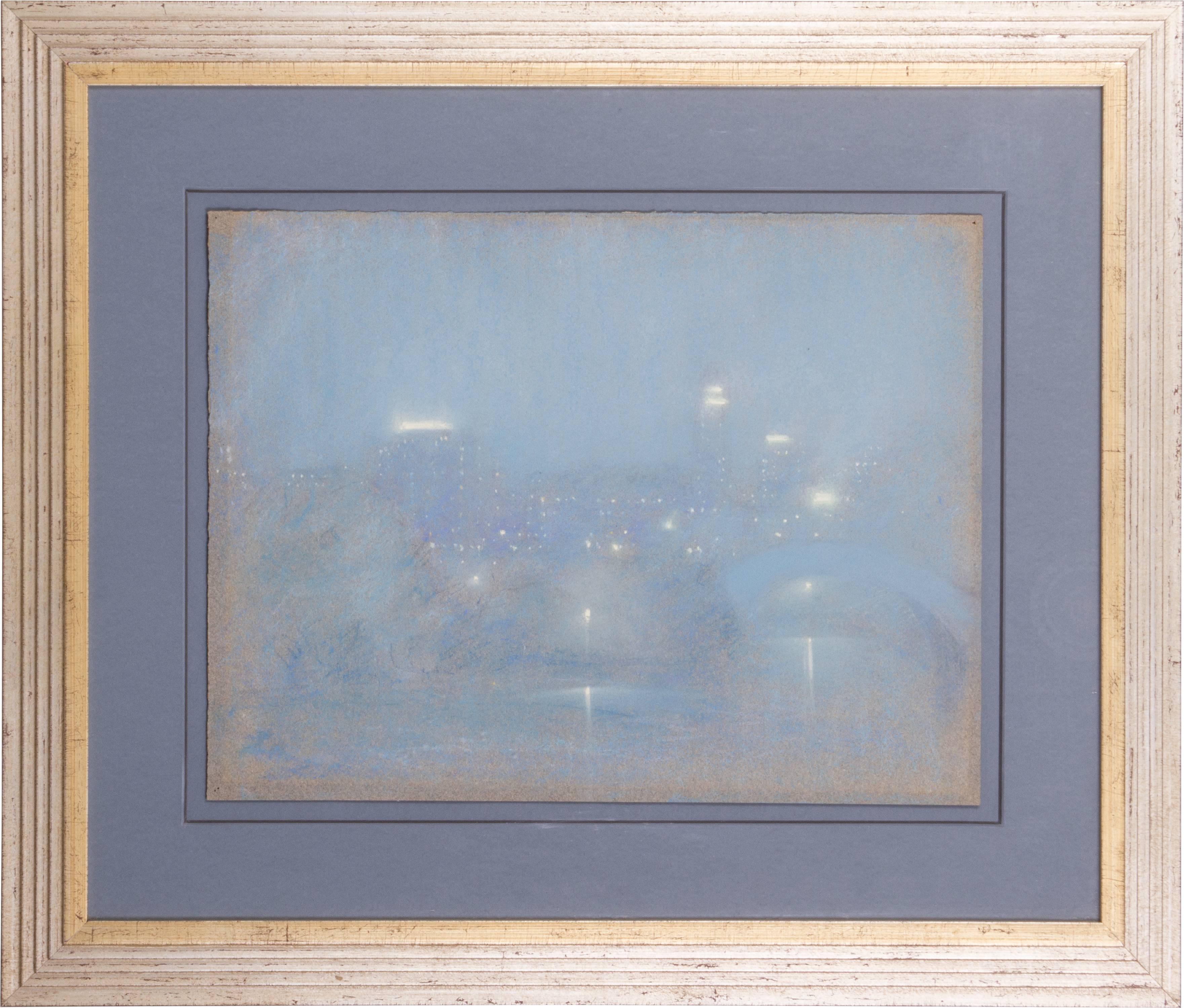 This is a typical of Berthelsen's moody New York cityscapes fog filled with muted city lights.