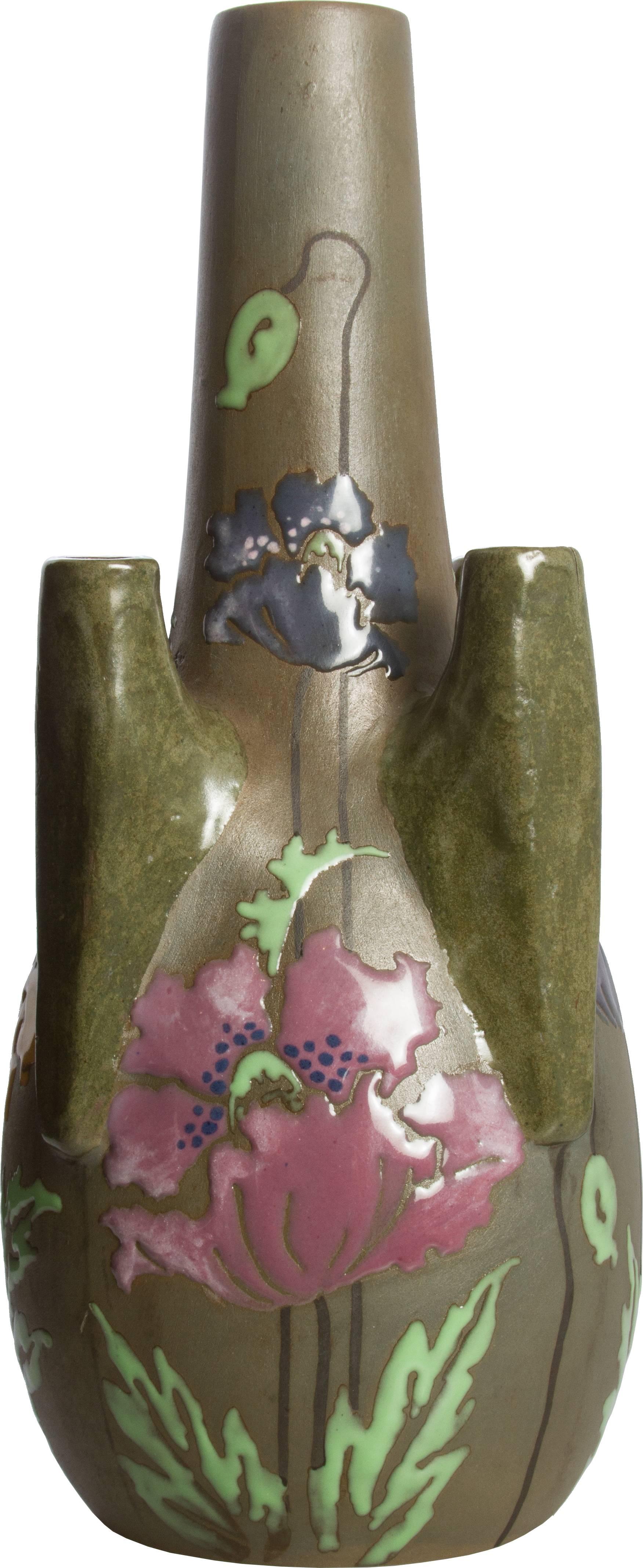 Austrian Art Nouveau Ceramic Amphora Vase Poppies by Stellmacher For Sale