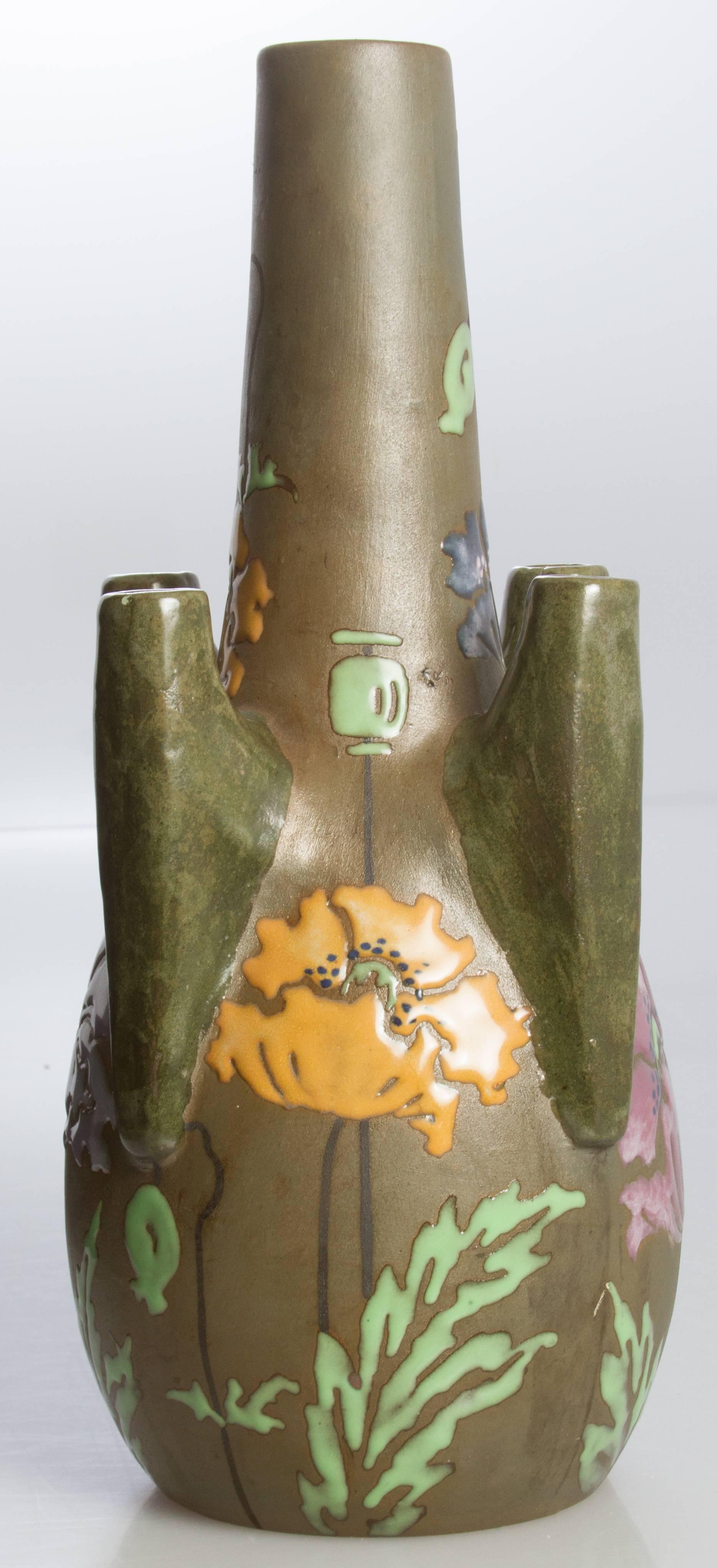 Art Nouveau Ceramic Amphora Vase Poppies by Stellmacher In Excellent Condition For Sale In Chicago, IL
