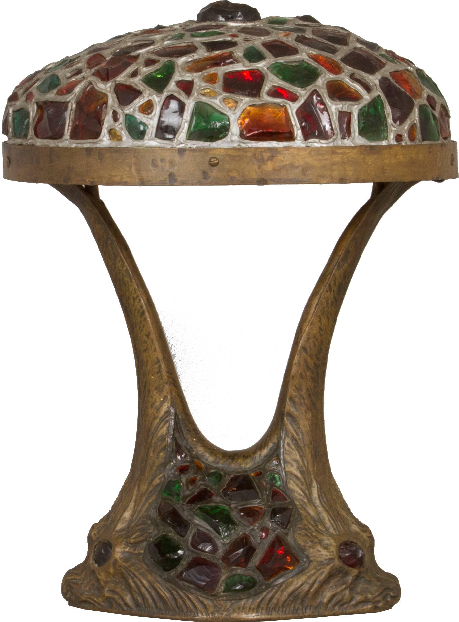 Art Nouveau Austrian Jeweled Chunk Glass Table Lamp with Dolphin Motif In Excellent Condition For Sale In Chicago, IL