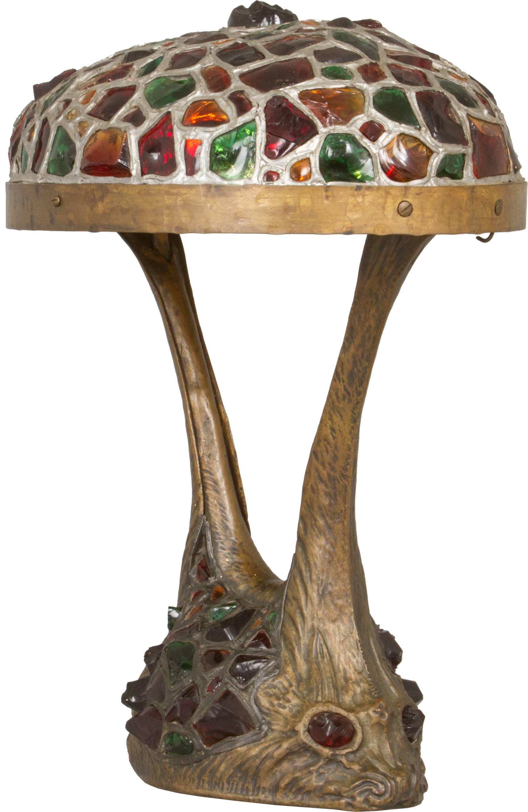 20th Century Art Nouveau Austrian Jeweled Chunk Glass Table Lamp with Dolphin Motif For Sale