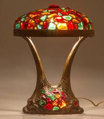 Art Nouveau Austrian Jeweled Chunk Glass Table Lamp with Dolphin Motif