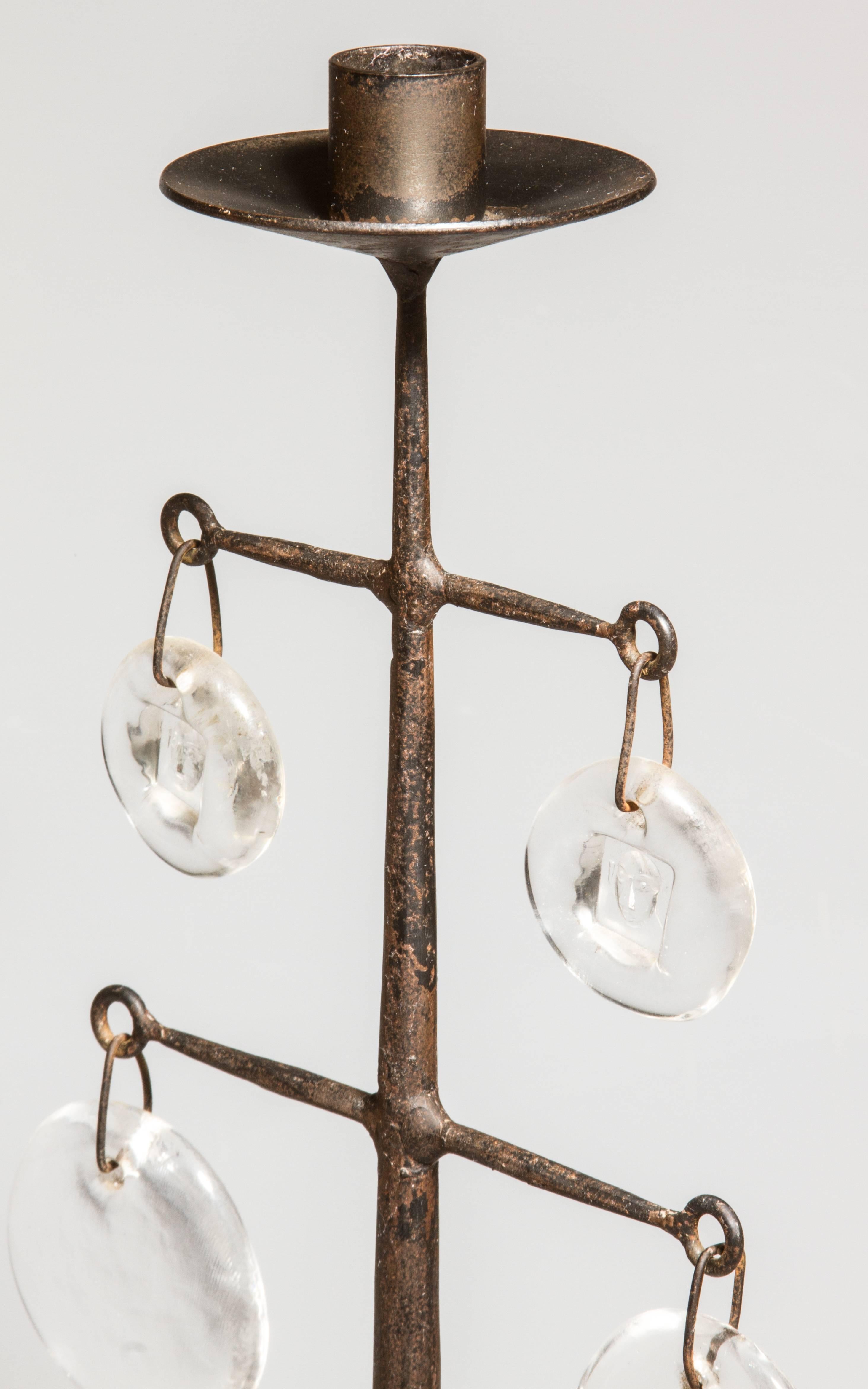 Glass Mid-Century Swedish Two-Arm Iron Candelabra by Erik Holland for Boda