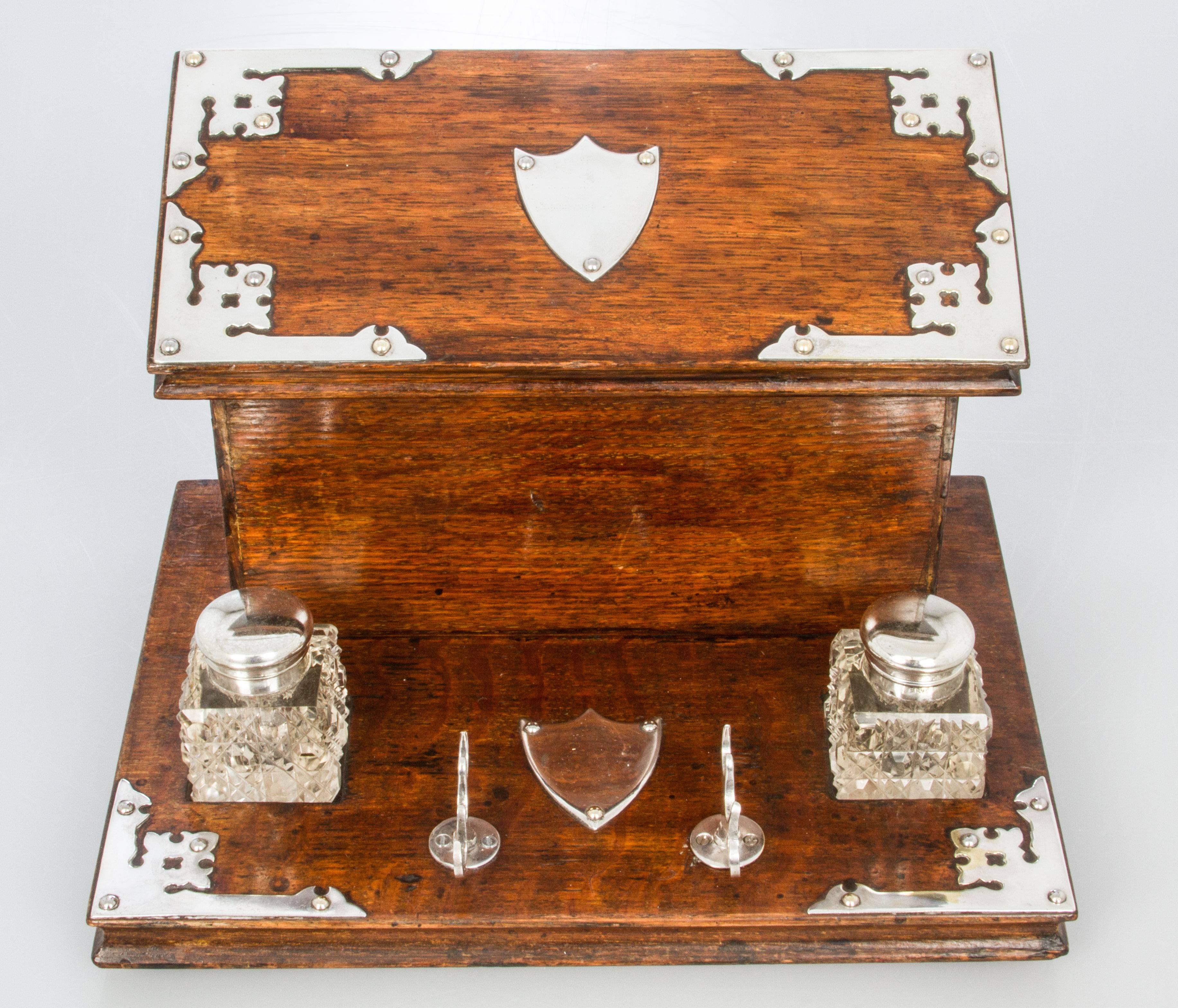 Early 20th Century Victorian Wood and Silver Plate Writing Box with a Pair of Inkwells